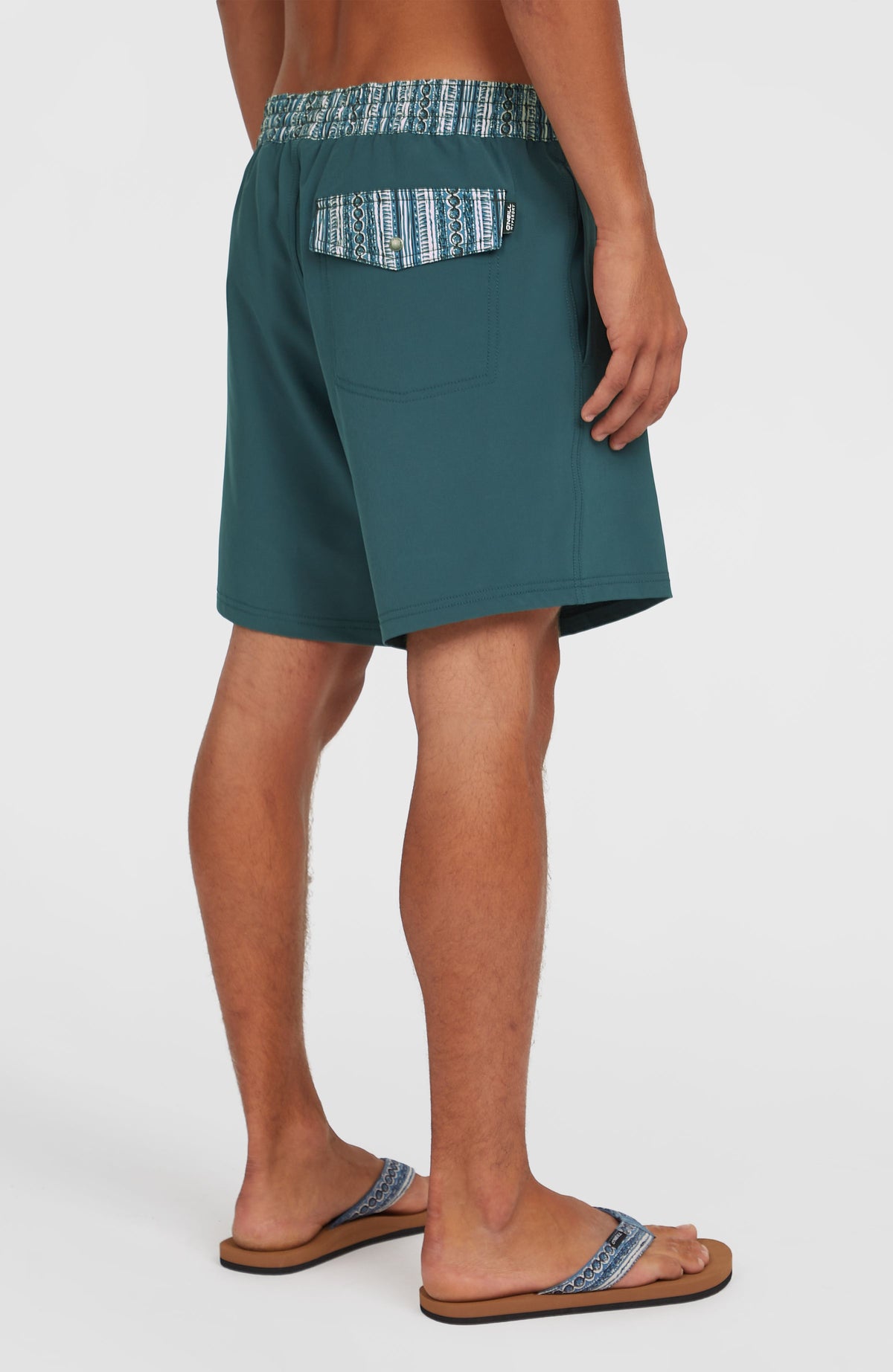 Pocket Print 16'' Badehose für Herren, blau, Rückansicht am Model mit gemusterter Klappe an der Gesäßtasche