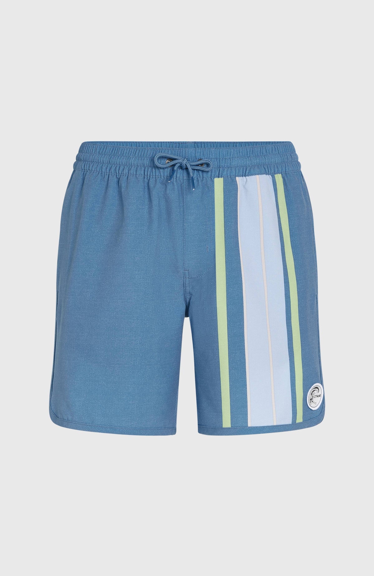 O'Riginals Scallop 16'' Badehose für Herren, blau mit Streifenmuster in Grün und Hellblau, flach liegend von vorne