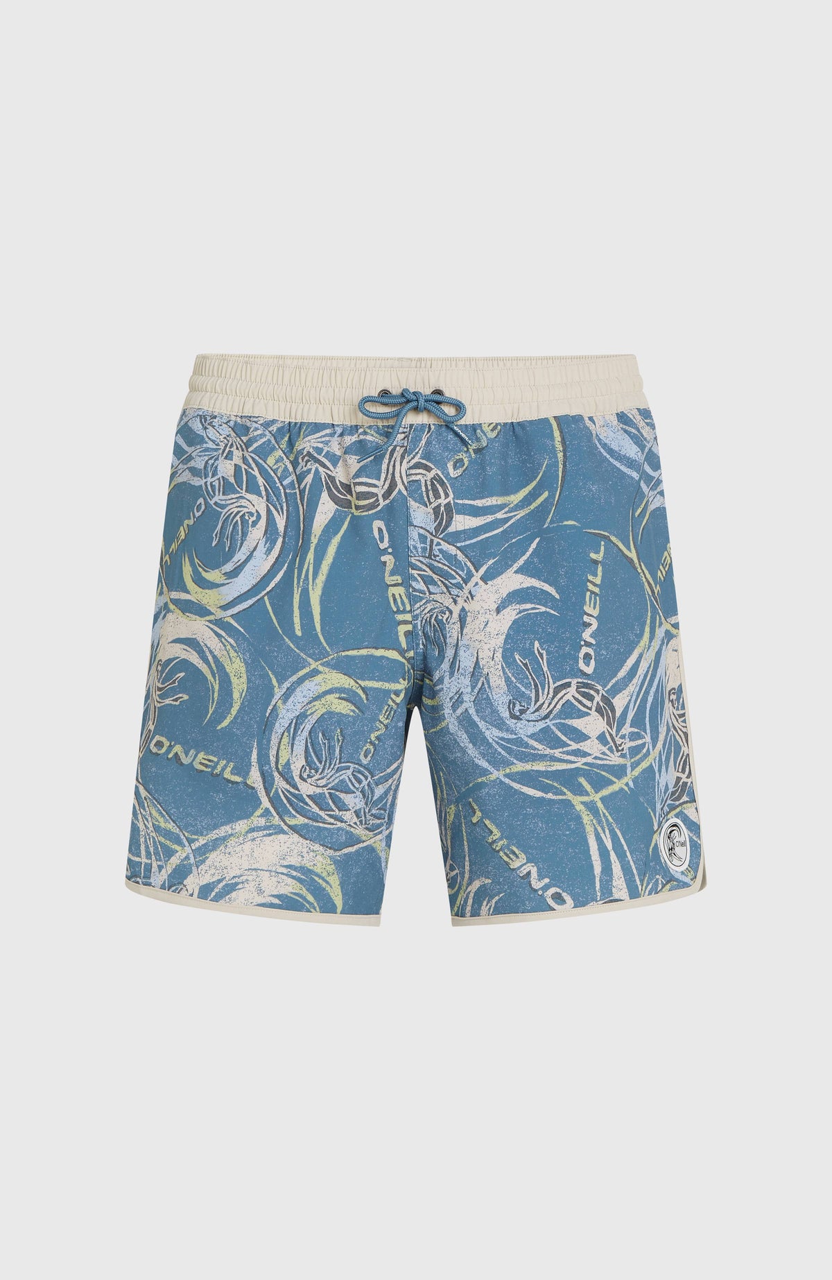 O'Riginals Scallop 16'' Badehose für Herren, blau mit Grafik-Print in Beige, freigestellt von vorne, Kordelzug am Bund