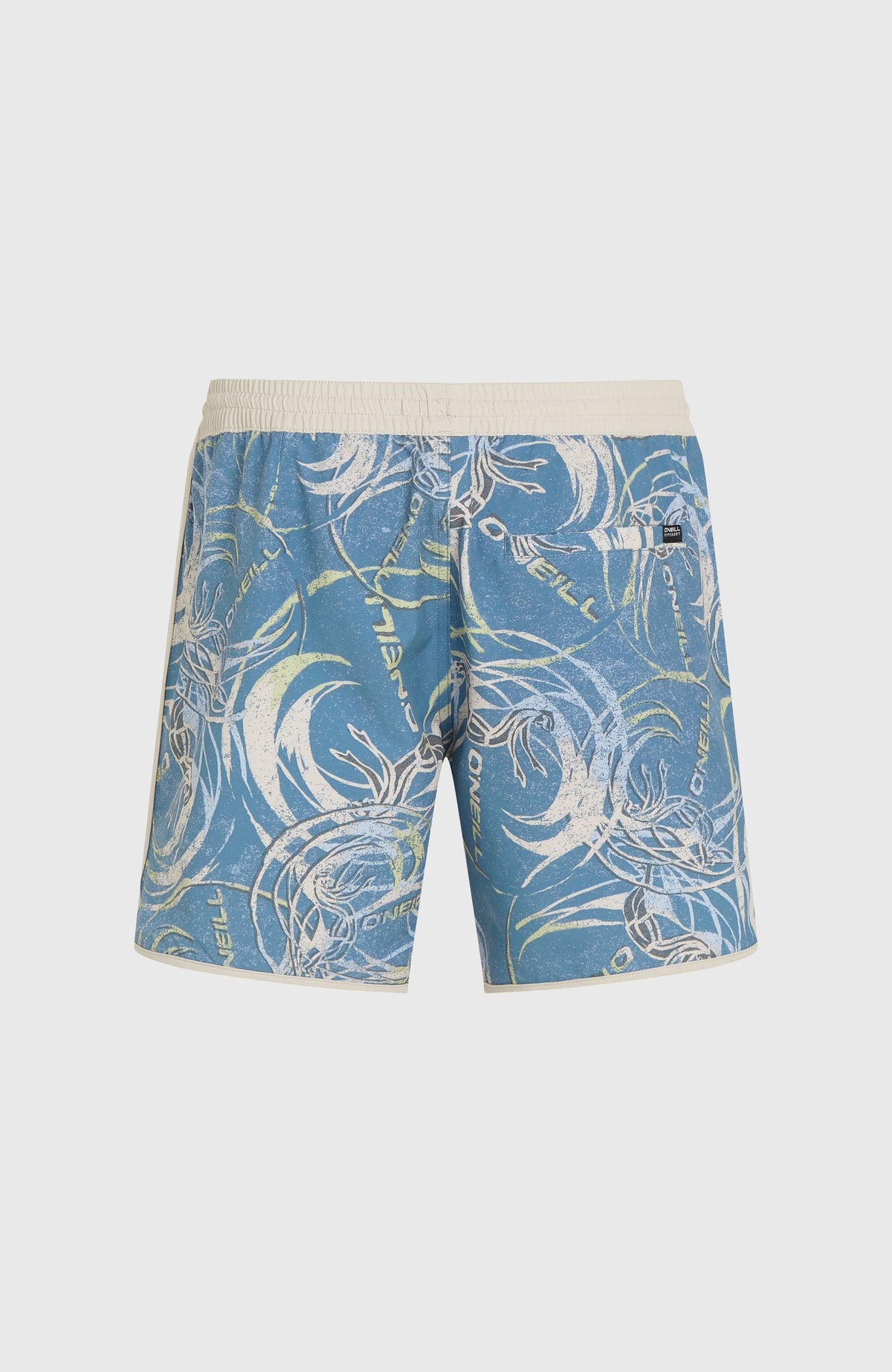 O'Riginals Scallop 16'' Badehose für Herren, blau mit Grafik-Print in Beige, freigestellt von hinten, Gesäßtasche