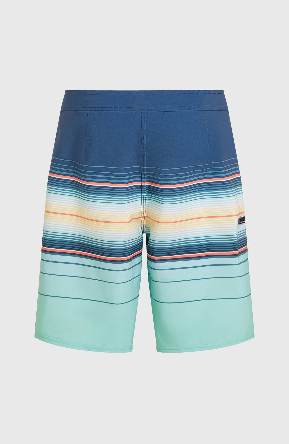 Hyperfreak Heat Stripe 21'' Boardshorts für Herren, blau mit Streifenmuster in Türkis und Gelb, flach liegend von hinten