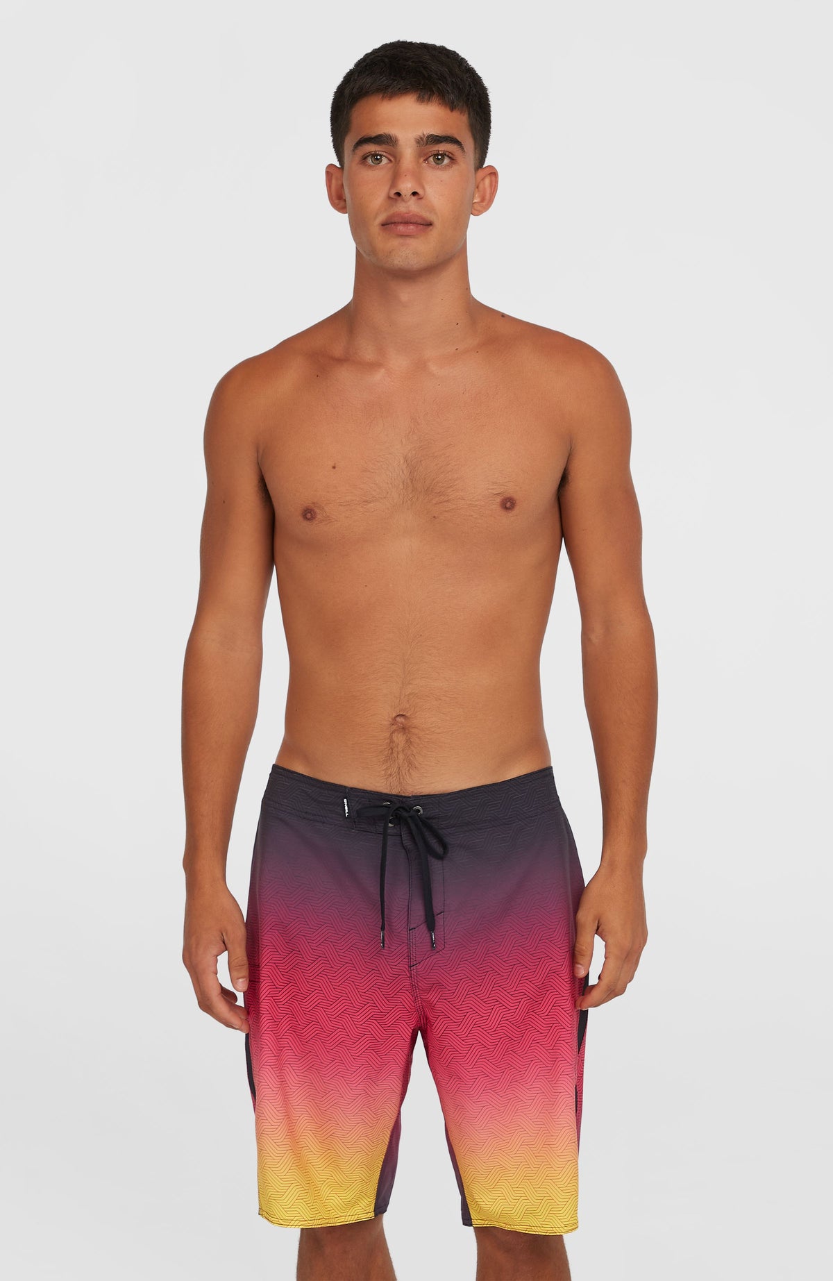 Superfreak Mysto 20'' Boardshorts für Herren, pink mit Farbverlauf in Schwarz und Gelb, Frontalansicht am Model