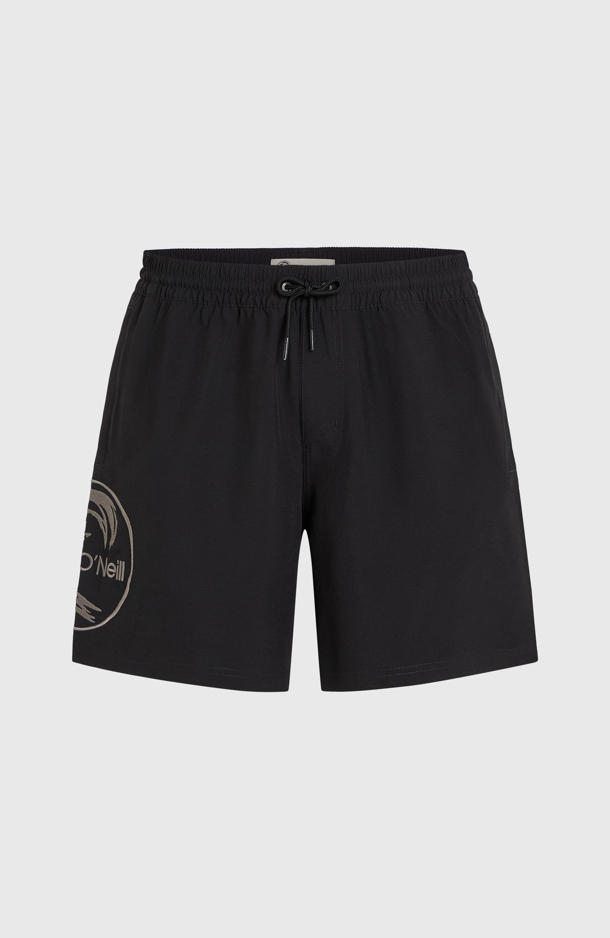 O'Riginals Cali Ocean 16'' Badehose für Herren, schwarz, flach liegend von vorne mit Kordelzug am Bund