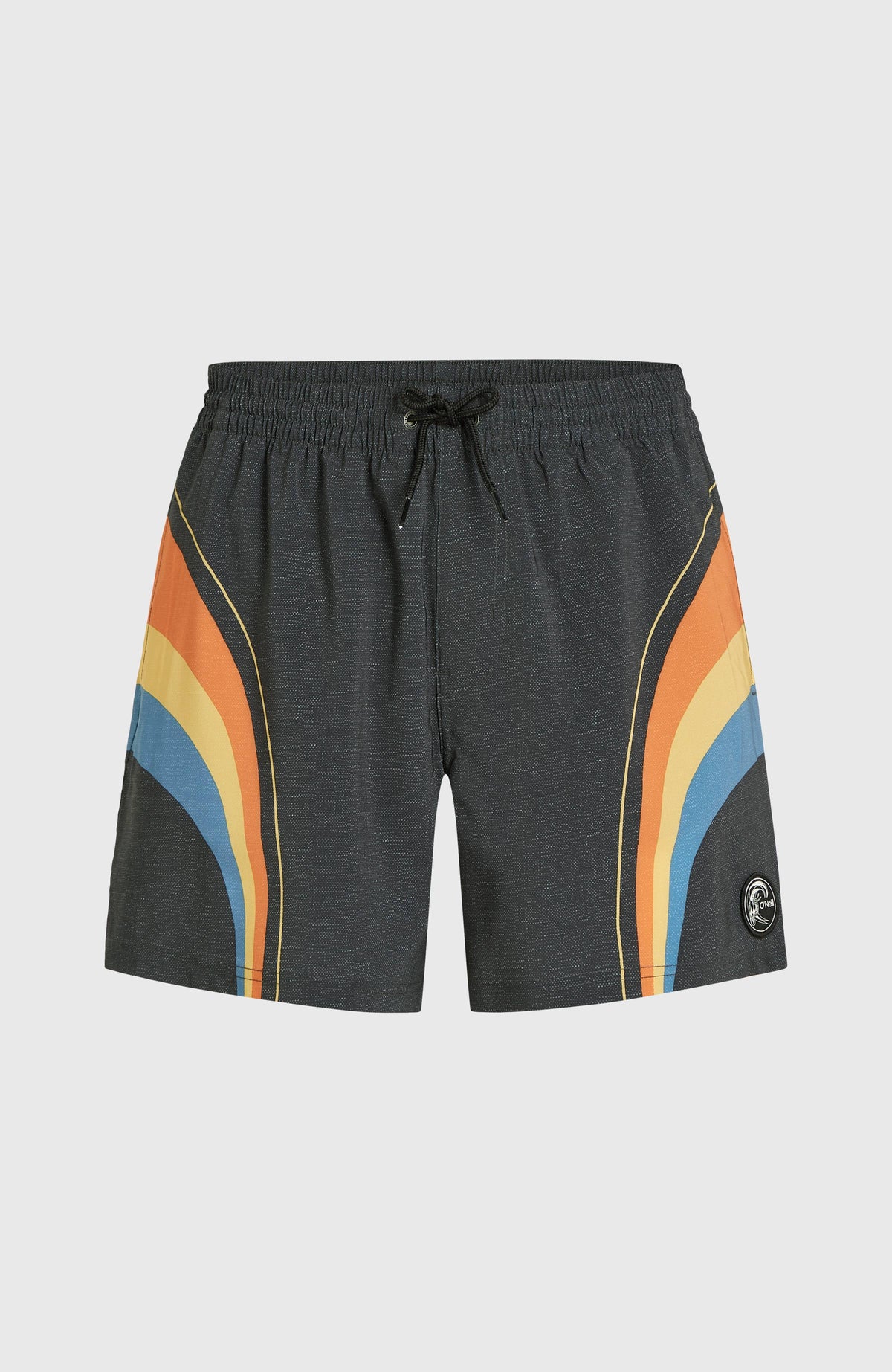 O'Riginals Longboard 15'' Badehose, schwarz mit Streifenmuster in Orange und Blau, flach liegend von vorne