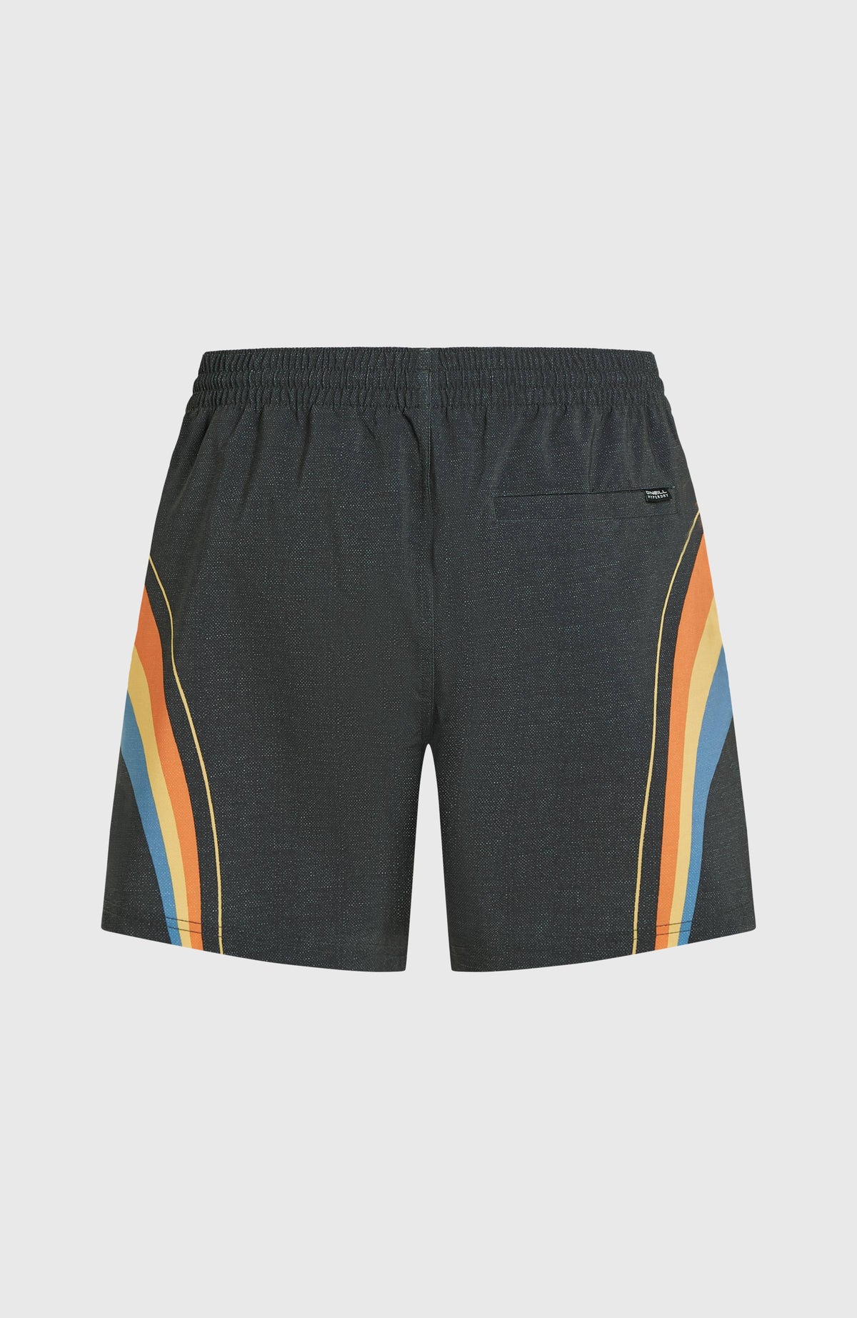 O'Riginals Longboard 15'' Badehose, schwarz mit Streifenmuster in Orange und Blau, flach liegend von hinten