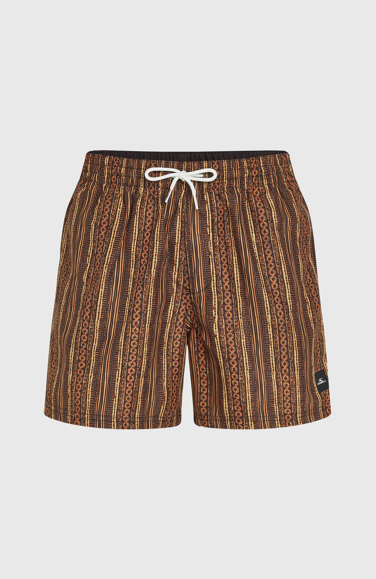 Cali Print 15'' Badehose für Herren, orange mit Streifenmuster in Braun und Schwarz, flach liegend von vorne