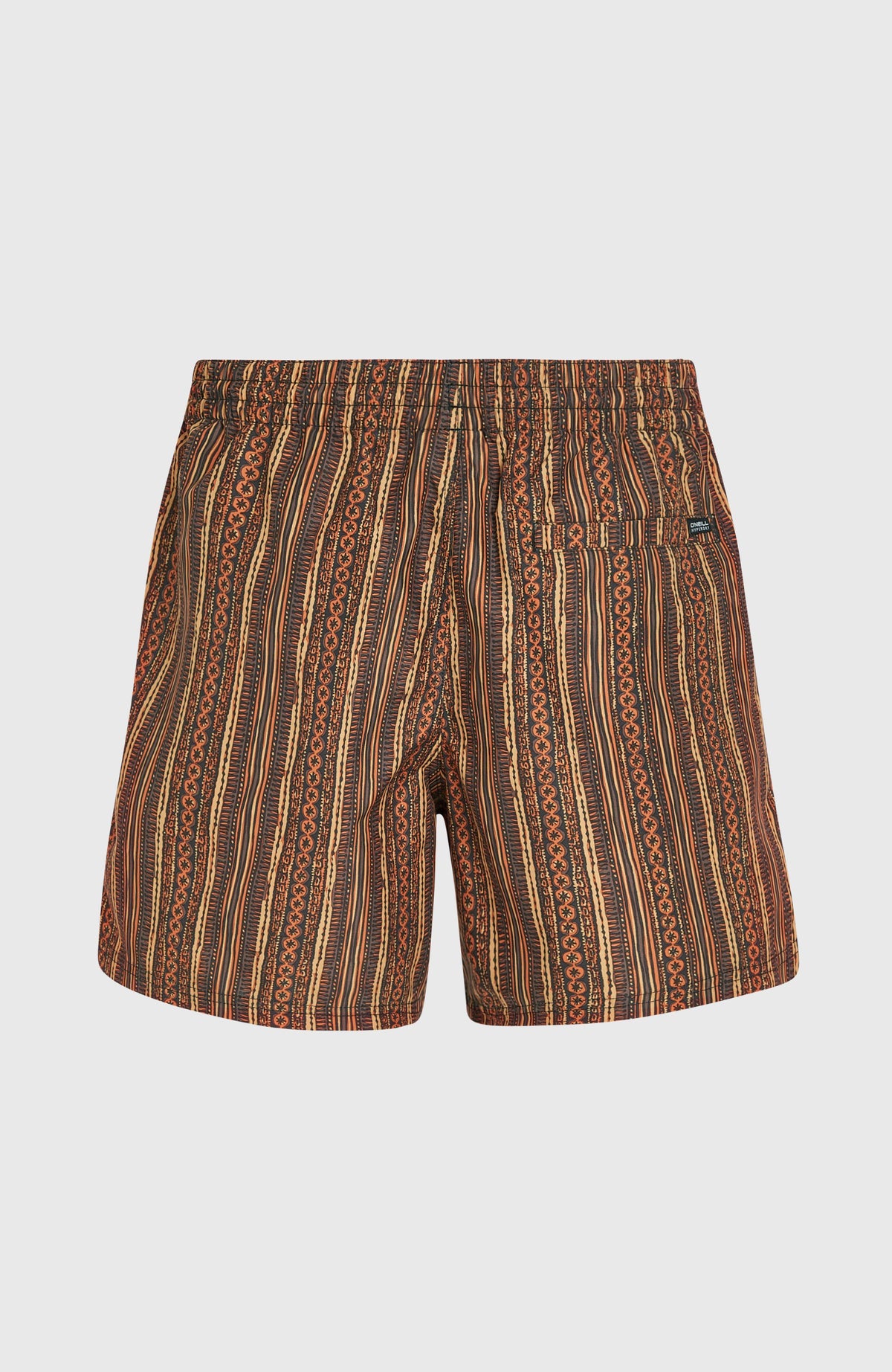 Cali Print 15'' Badehose für Herren, orange mit Streifenmuster in Braun und Schwarz, flach liegend von hinten