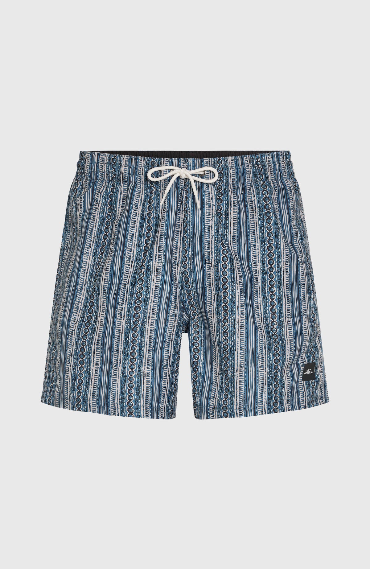 Blaue Cali Print 15'' Badehose für Herren mit Streifenmuster in Weiß, flach liegend von vorne mit Kordelzug