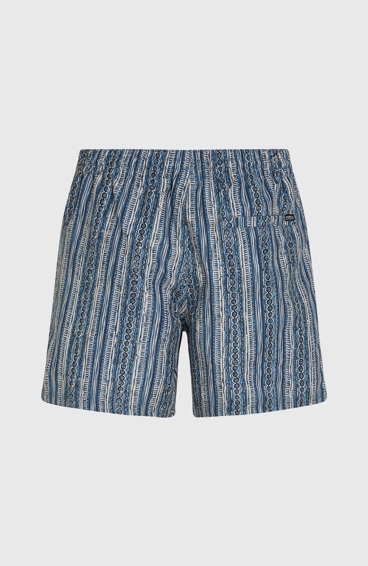 Blaue Cali Print 15'' Badehose für Herren mit Streifenmuster in Weiß, flach liegend von hinten mit Gesäßtasche