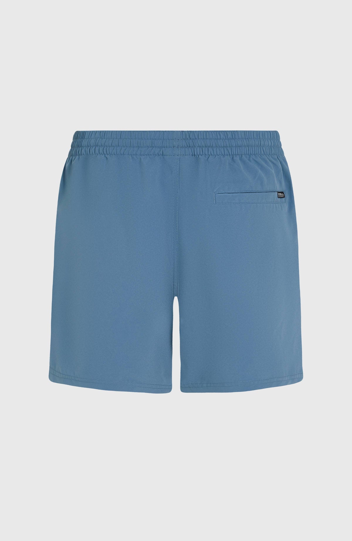 Cali Block 15'' Badehose für Herren, blau mit Blättermuster in Weiß, flach liegend von hinten, Gesäßtasche
