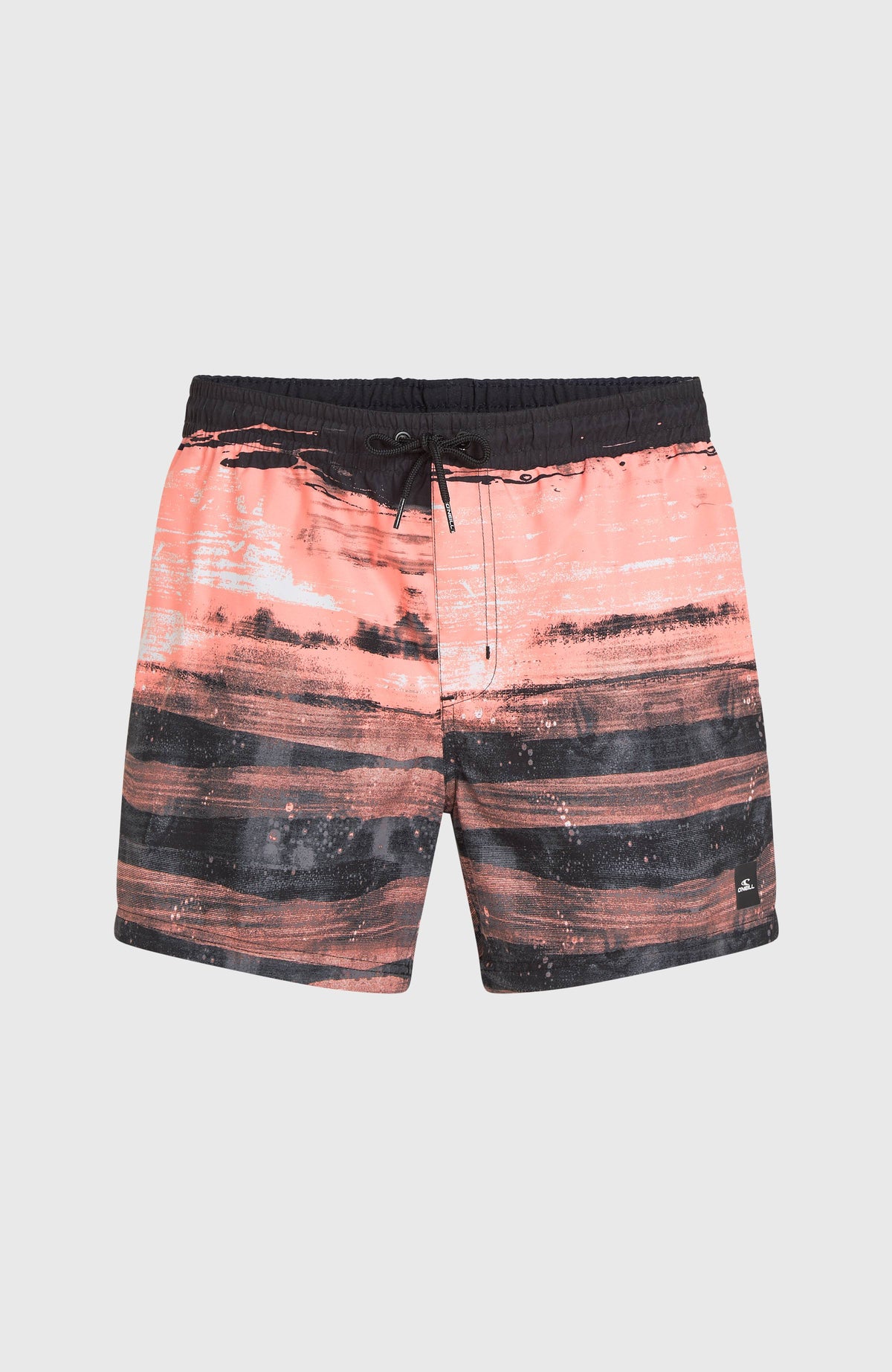 Cali Gradient 15'' Badehose, pink mit Streifenmuster in Schwarz und Weiß, flach liegend von vorne mit Kordelzug