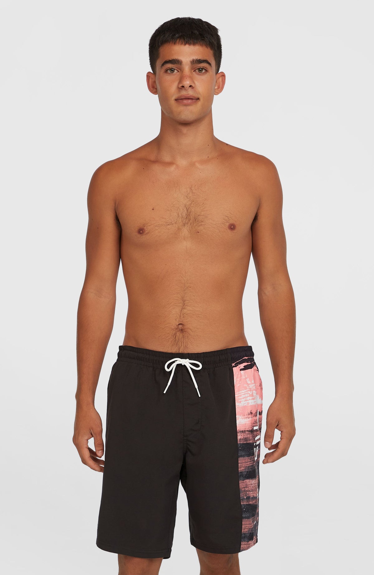O'Neill Retro 19'' Badehose für Herren, pink mit Logo-Print in Schwarz und Weiß, Vorderansicht am Model
