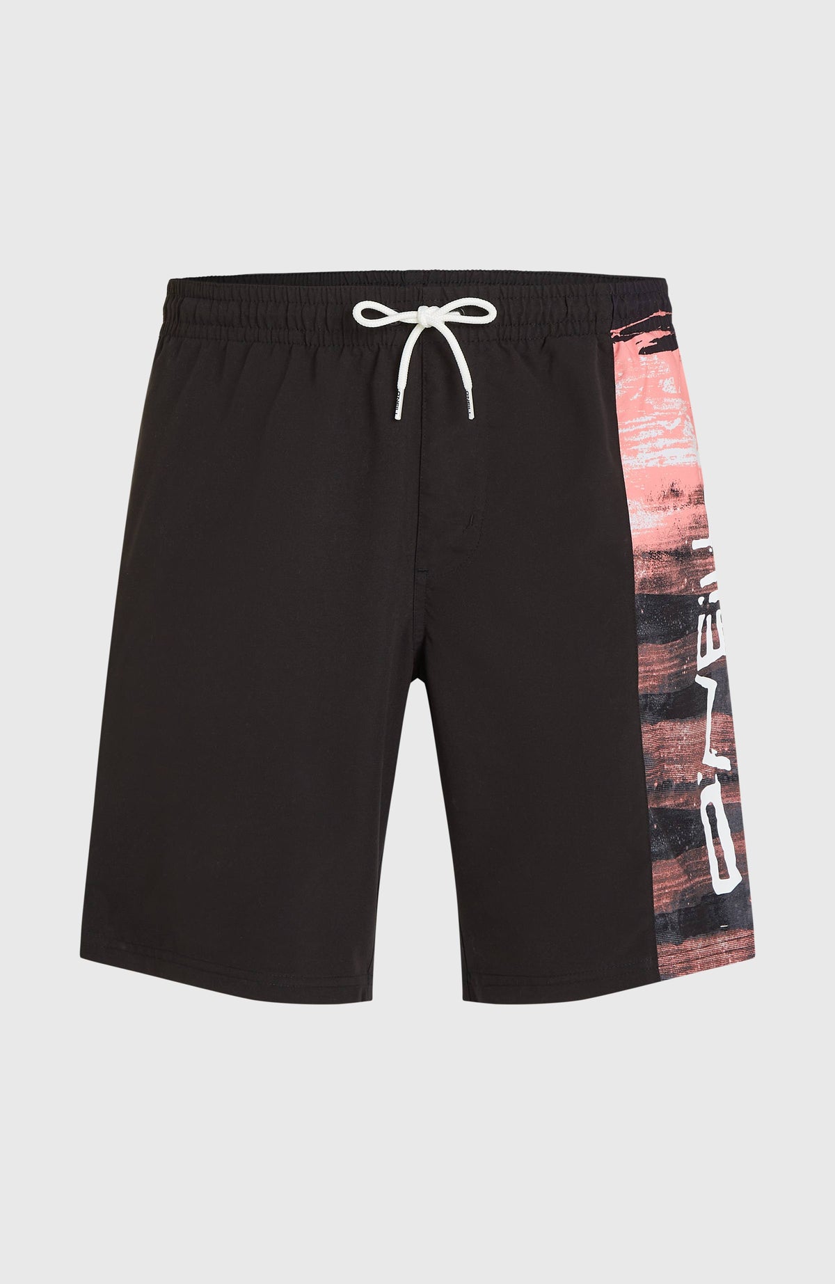 Retro 19'' Badehose für Herren, pink mit Logo-Print in Schwarz und Weiß, flach liegend von vorne, Kordelzug am Bund