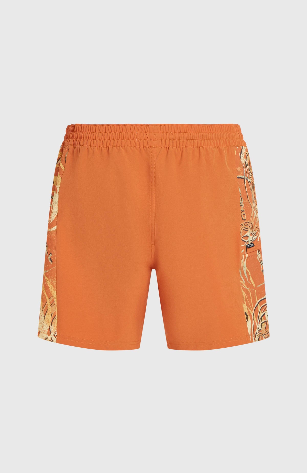 O'Riginals Side Panel 16'' Badehose für Herren, orange mit Grafikmuster in Beige, freigestellt von hinten mit elastischem Bund