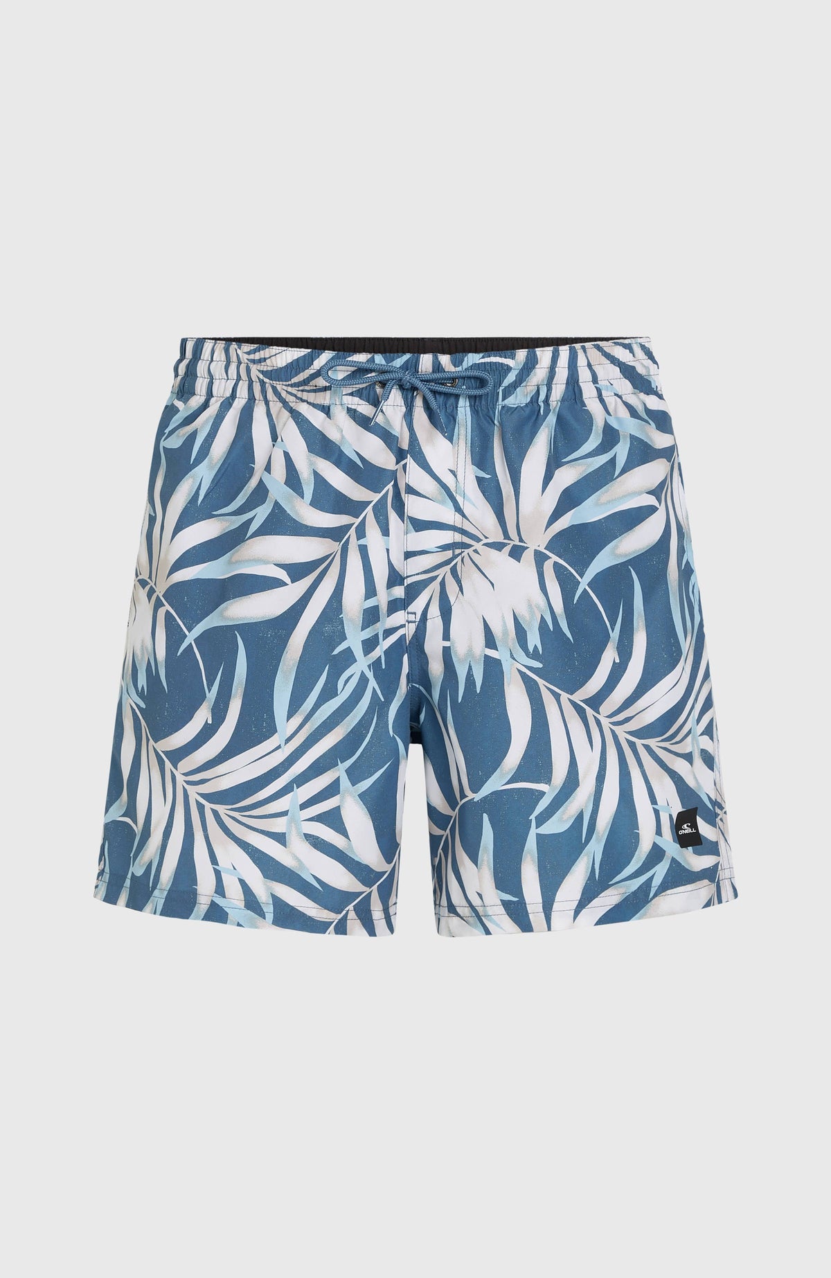 Cali Floral 16'' Badehose für Herren, blau mit Blättermuster in Weiß, flach liegend von vorne mit Kordelzug