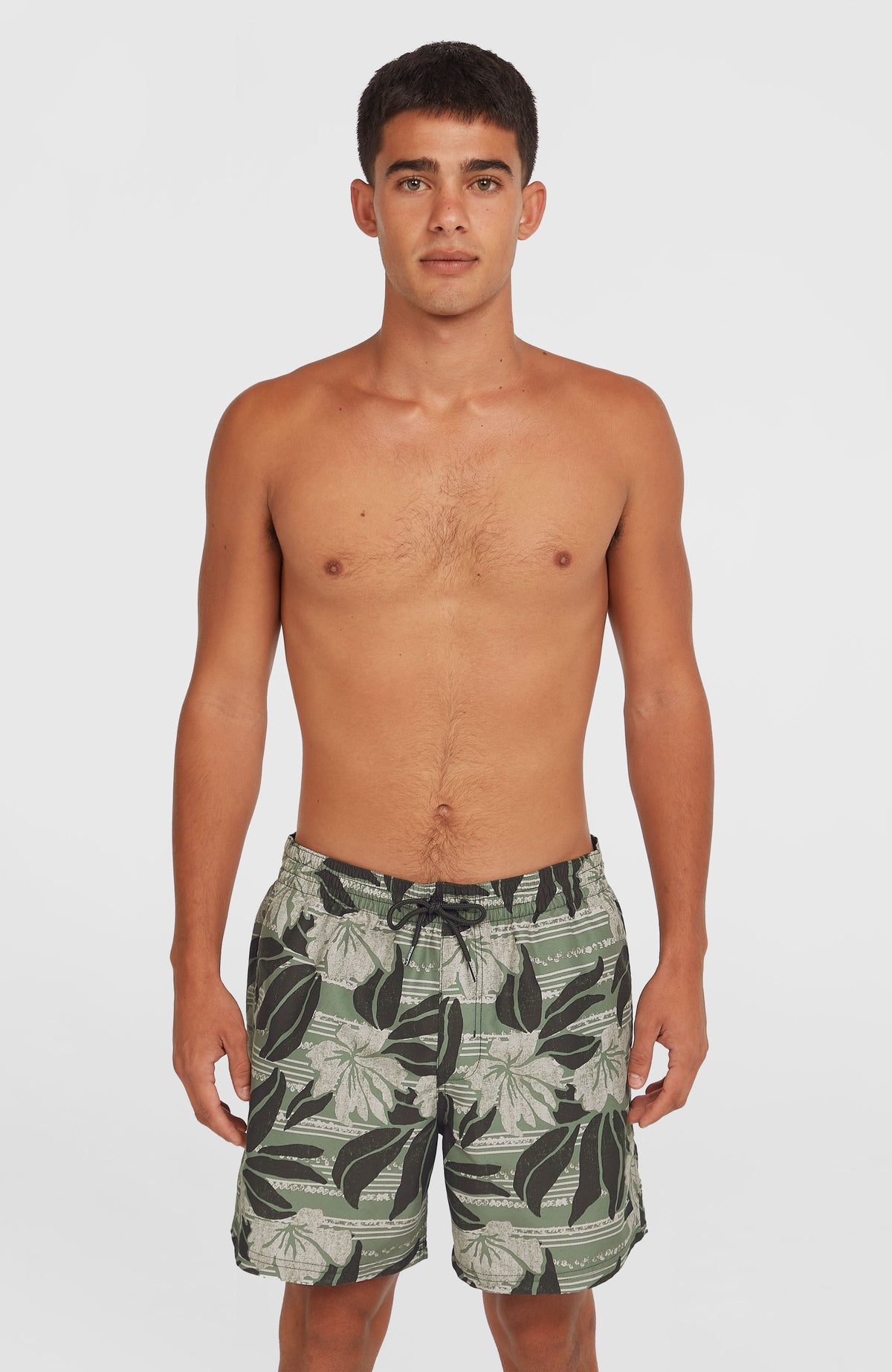 O'Neill Cali Floral 16'' Badehose für Herren, grün mit Blumenmuster in Weiß und Schwarz, Vorderansicht am Model