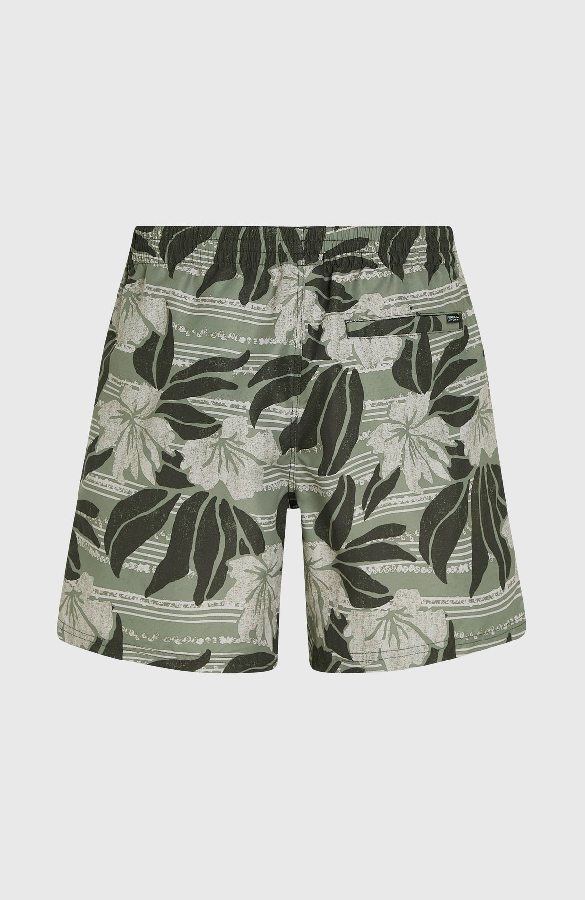 Cali Floral 16'' Badehose für Herren, grün mit Blumenmuster in Weiß und Schwarz, freigestellt von hinten, Gesäßtasche