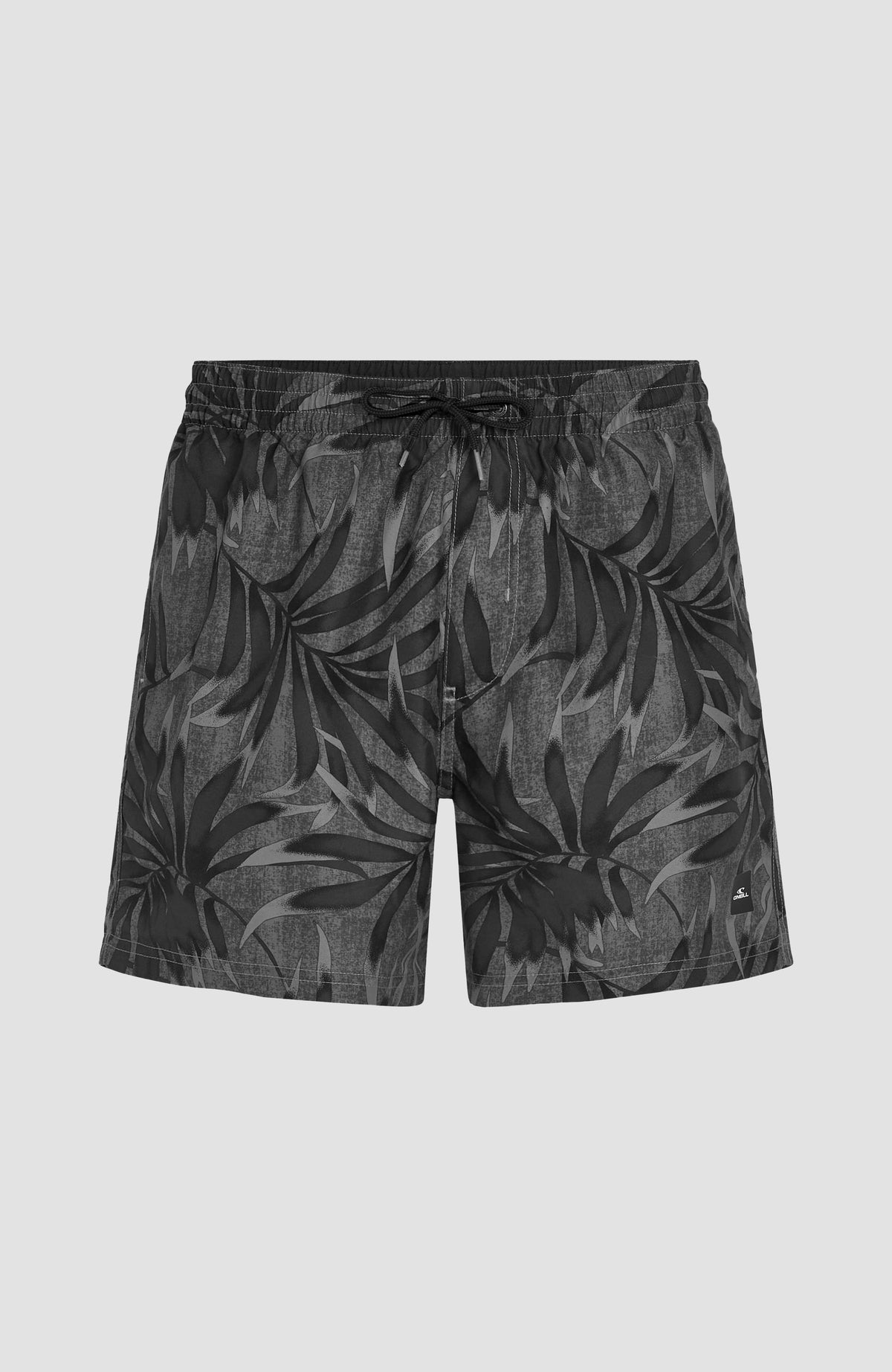 Cali Floral 16'' Badehose für Herren, schwarz mit Blättermuster in Grau, flach liegend von vorne mit Kordelzug