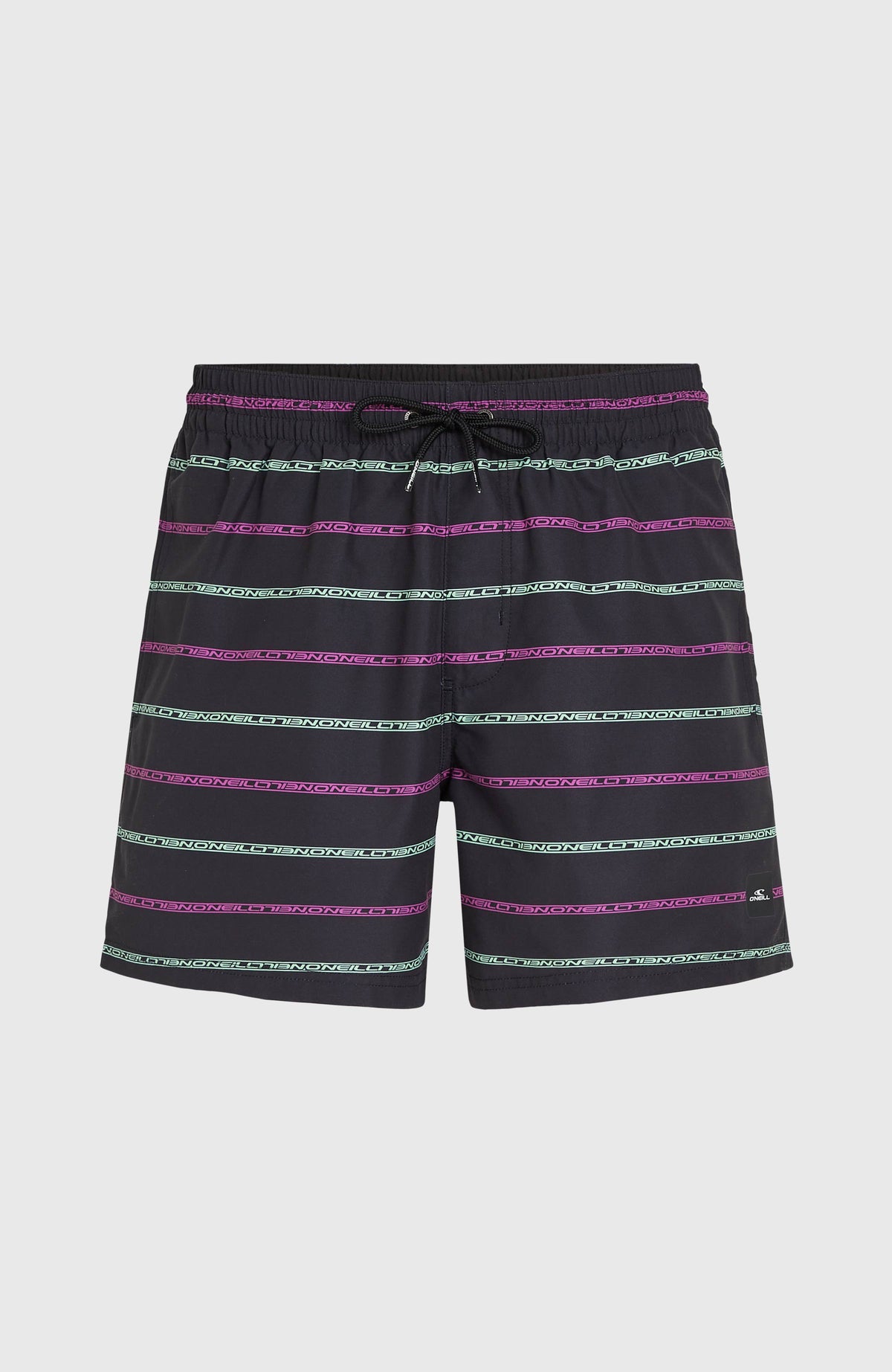 Cali First 15'' Badehose für Herren, schwarz mit Streifenmuster in Lila und Türkis, flach liegend von vorne
