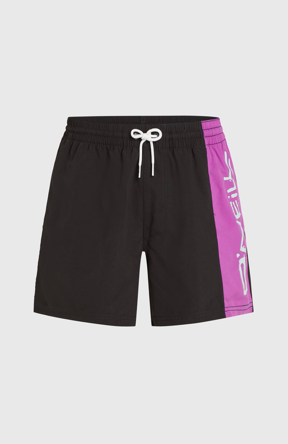 Retro 14'' Badehose für Herren, lila mit Logo-Print in Weiß, freigestellt von vorne mit Kordelzug