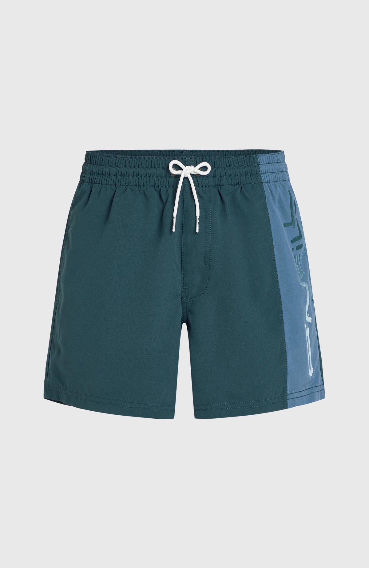 Retro 14'' Badehose für Herren, blau mit Logo-Print in Hellblau, flach liegend von vorne mit Kordelzug am Bund