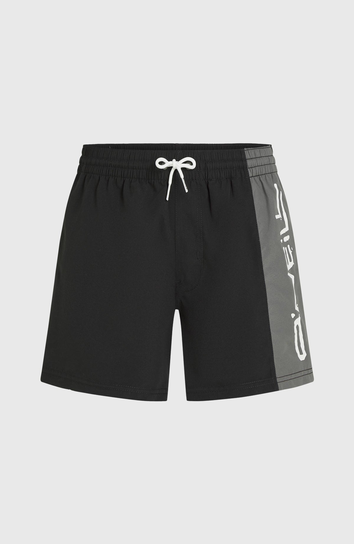 Retro 14'' Badehose für Herren, schwarz mit Logo-Print in Weiß, flach liegend von vorne mit Kordelzug