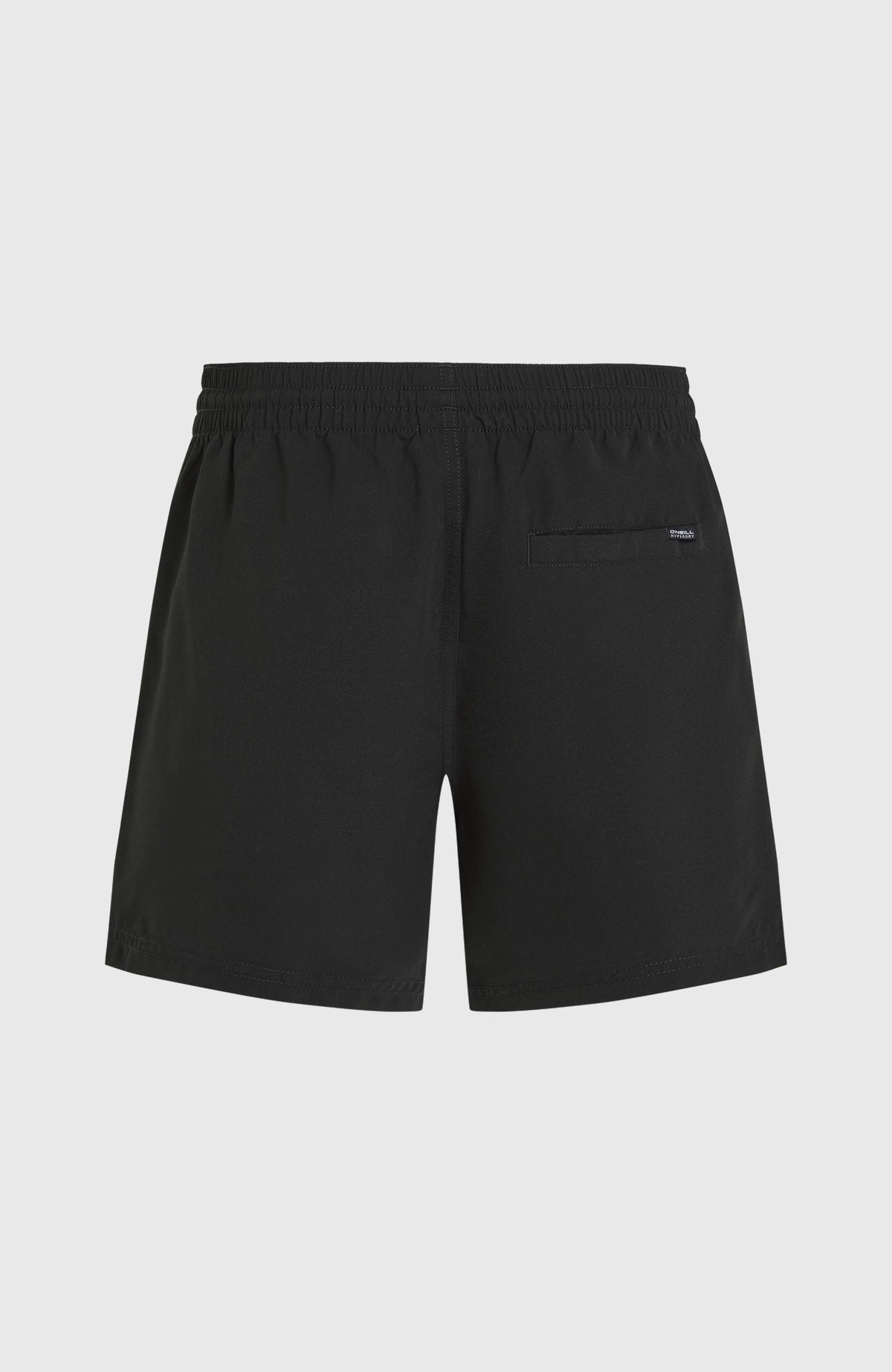 Retro 14'' Badehose für Herren, schwarz, flach liegend von hinten mit elastischem Bund und Gesäßtasche
