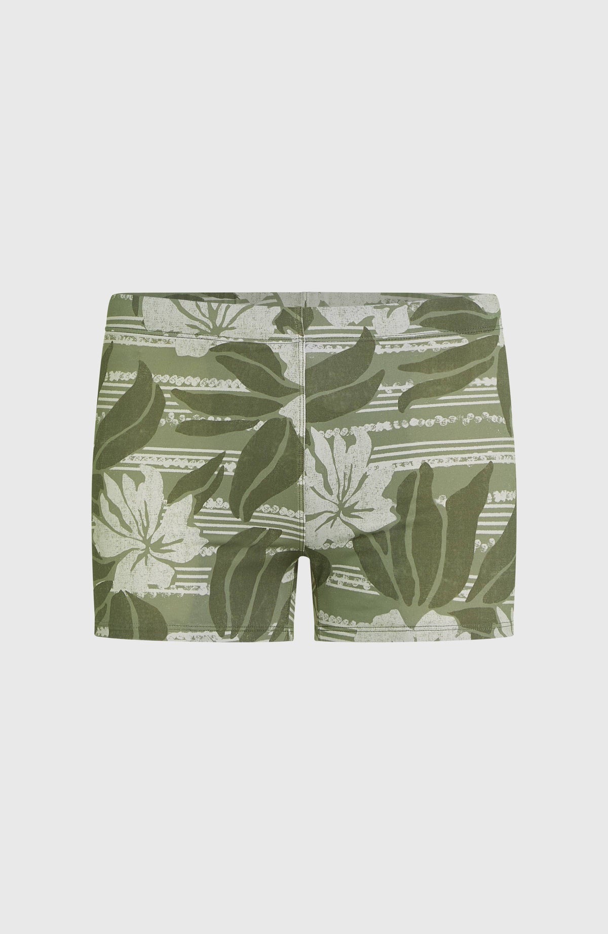 Essentials Floral Racer Badehose für Herren, grün mit Blumenmuster in Weiß, flach liegend von vorne