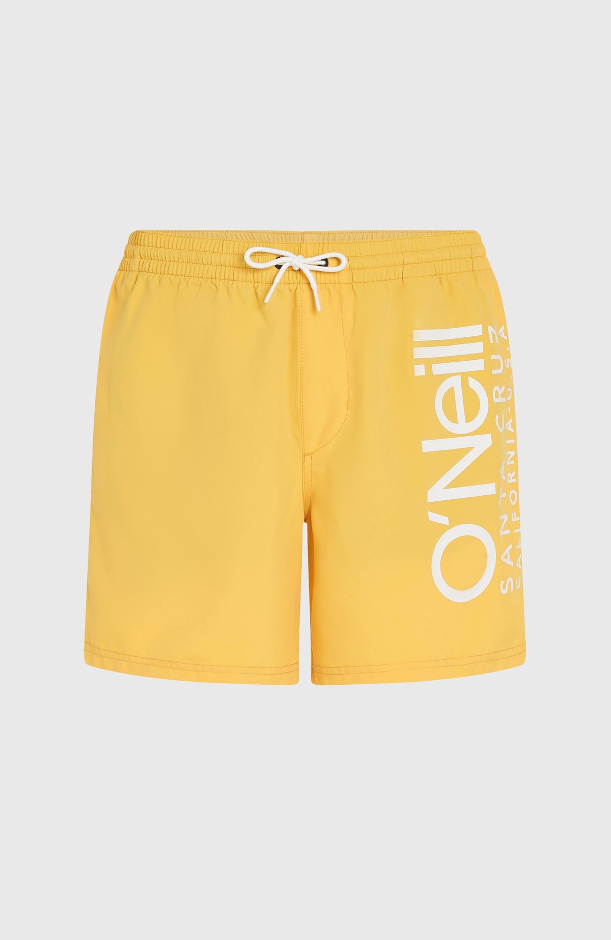 Original Cali 16'' Badehose für Herren, gelb mit Logo-Print in Weiß, freigestellt von vorne mit Kordelzug