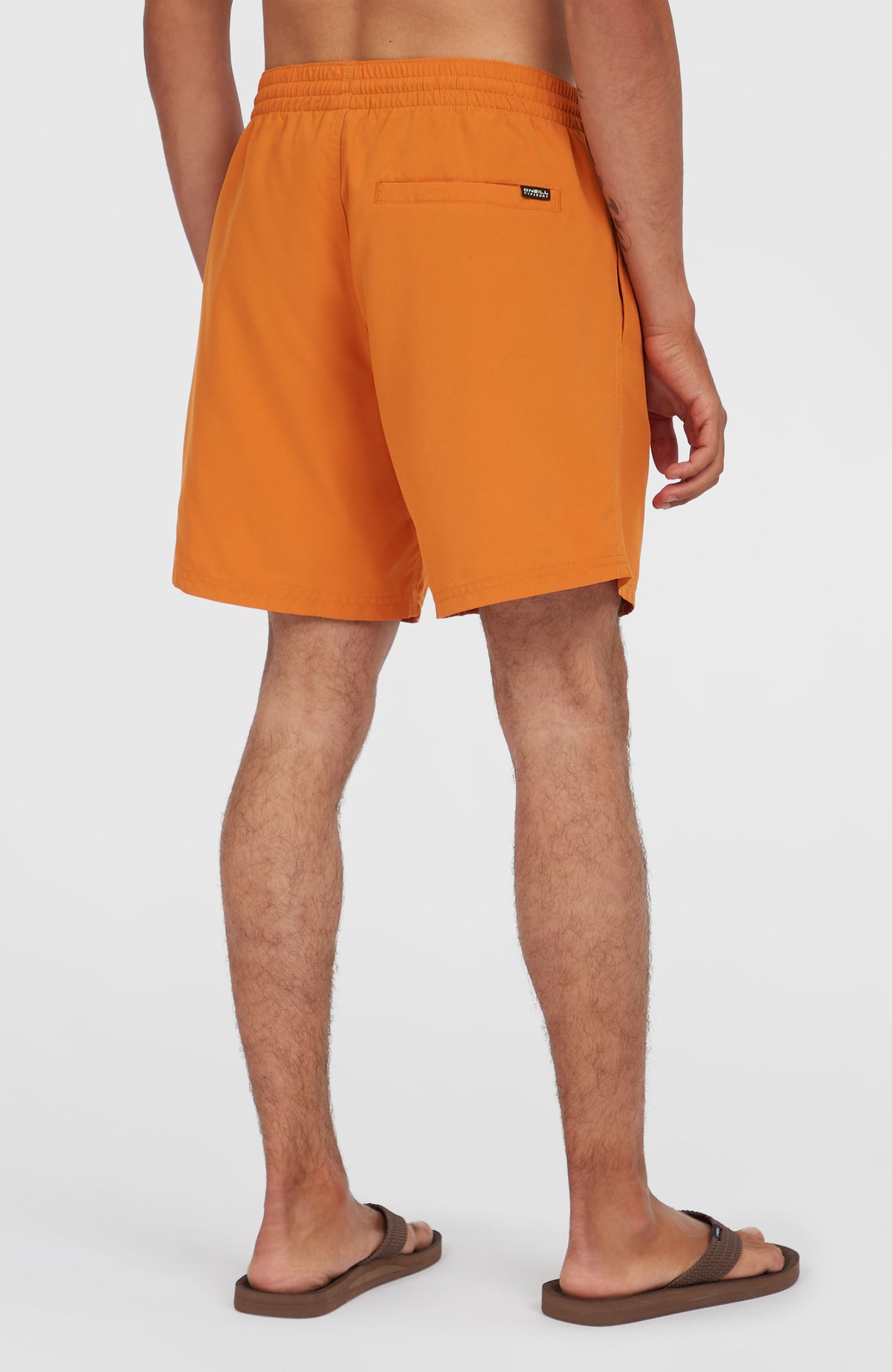 Original Cali 16'' Badehose für Herren, orange mit Logo-Print in Weiß, Rückansicht am Model mit Gesäßtasche