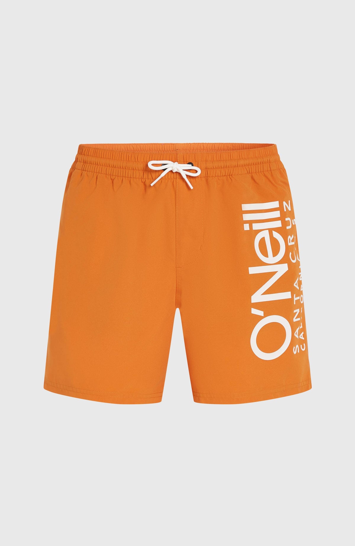 Original Cali 16'' Badehose für Herren, orange mit Logo-Print in Weiß, flach liegend von vorne mit Kordelzug