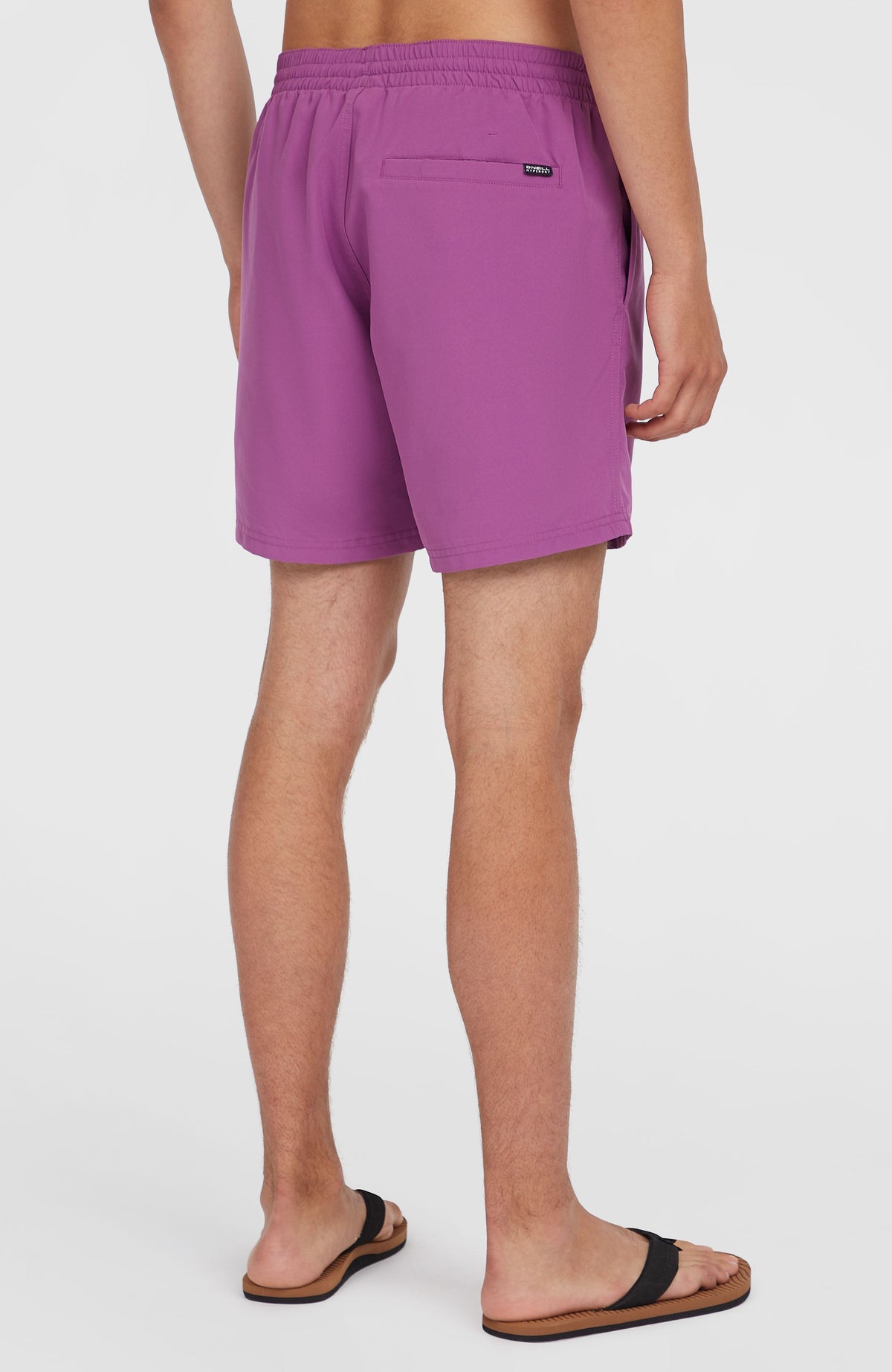 Original Cali 16'' Badehose für Herren, lila mit Logo-Print in Weiß, Rückansicht am Model mit Gesäßtasche