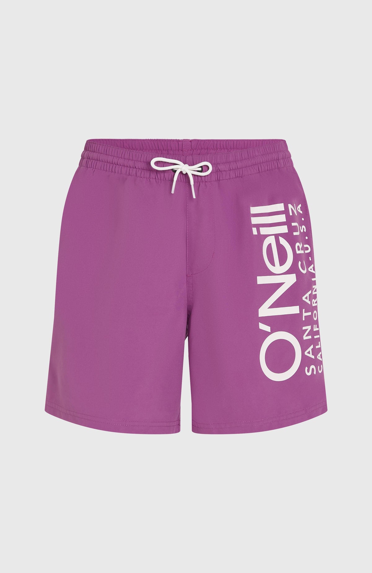 Original Cali 16'' Badehose für Herren, lila mit Logo-Print in Weiß, Bund mit Kordelzug, freigestellt von vorne