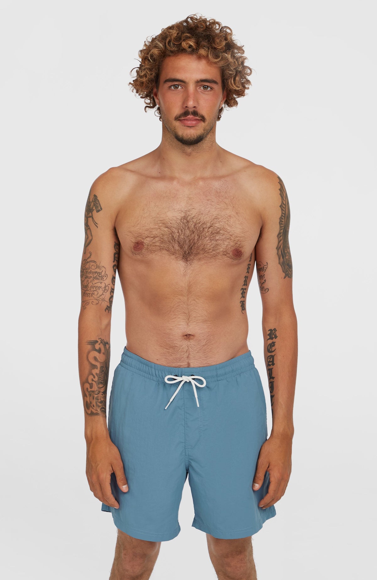 O'Neill Vert 16'' Badehose für Herren, blau, Vorderansicht, getragen am Model mit elastischem Bund