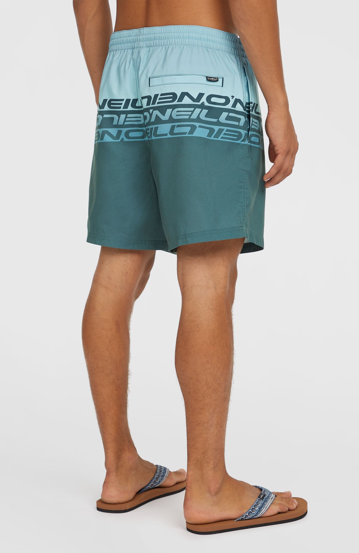 Cali Stripe 16'' Badehose für Herren, blau mit Logo-Print in Blau, Rückansicht am Model mit Gesäßtasche