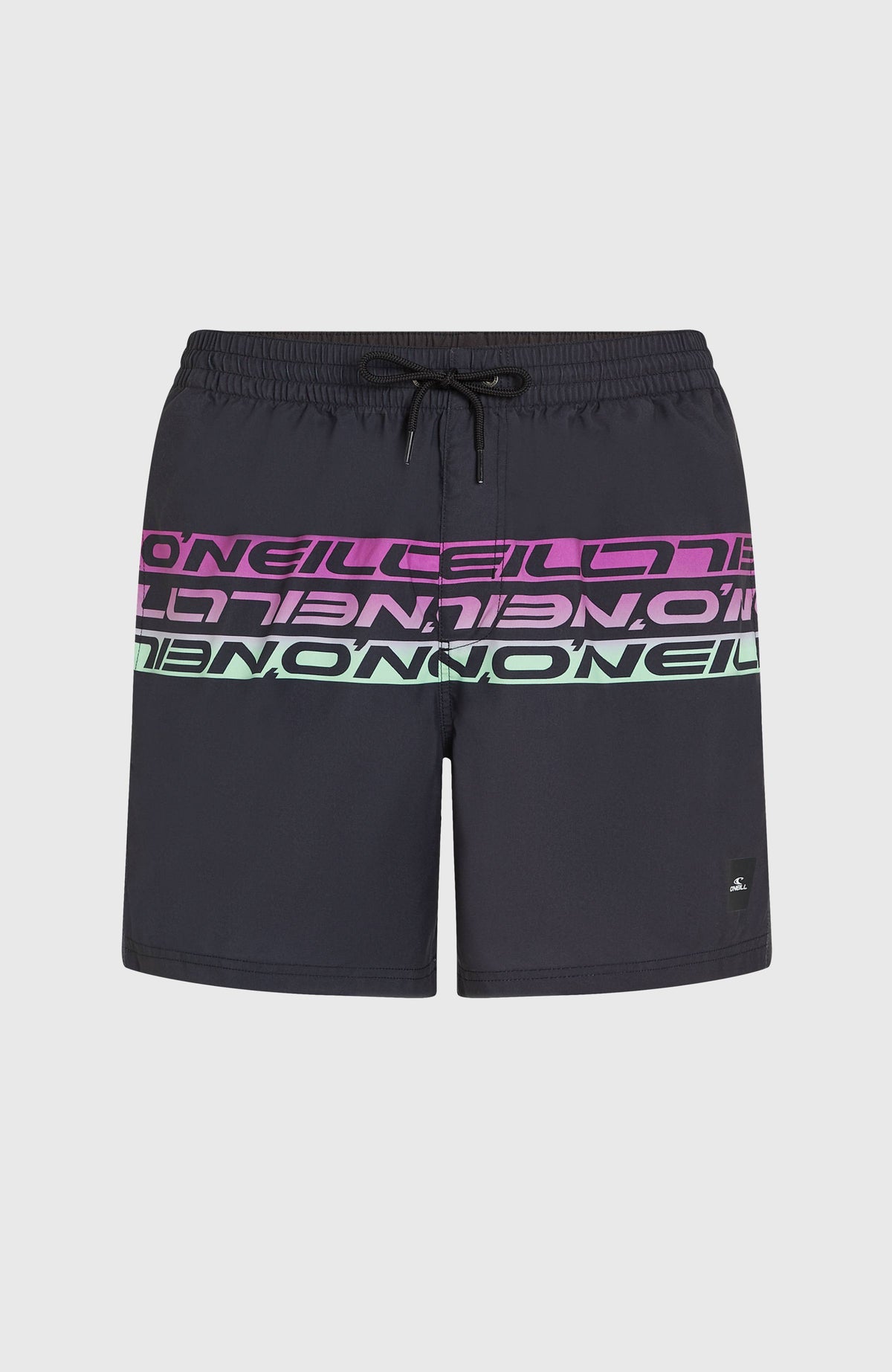 Cali Stripe 16'' Badehose, schwarz mit Logo-Print in Lila und Mintgrün, flach liegend von vorne mit Kordelzug