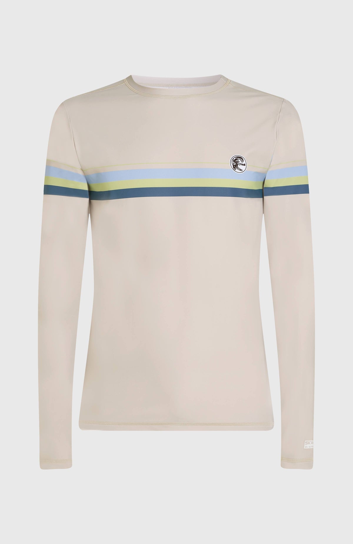 O'Riginals Longsleeve-Schwimmshirt, beige mit Streifenmuster in Blau und Grün, freigestellt von vorne