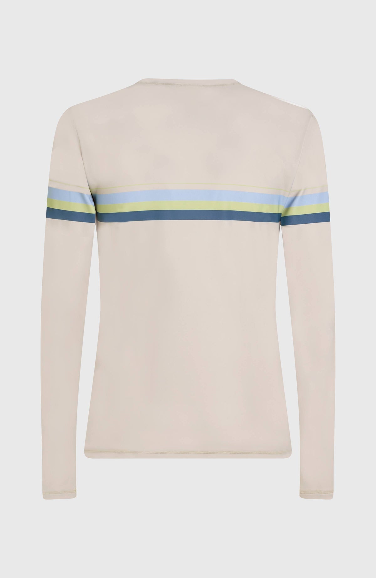 O'Riginals Longsleeve-Schwimmshirt, beige mit Streifenmuster in Blau und Grün, freigestellt von hinten
