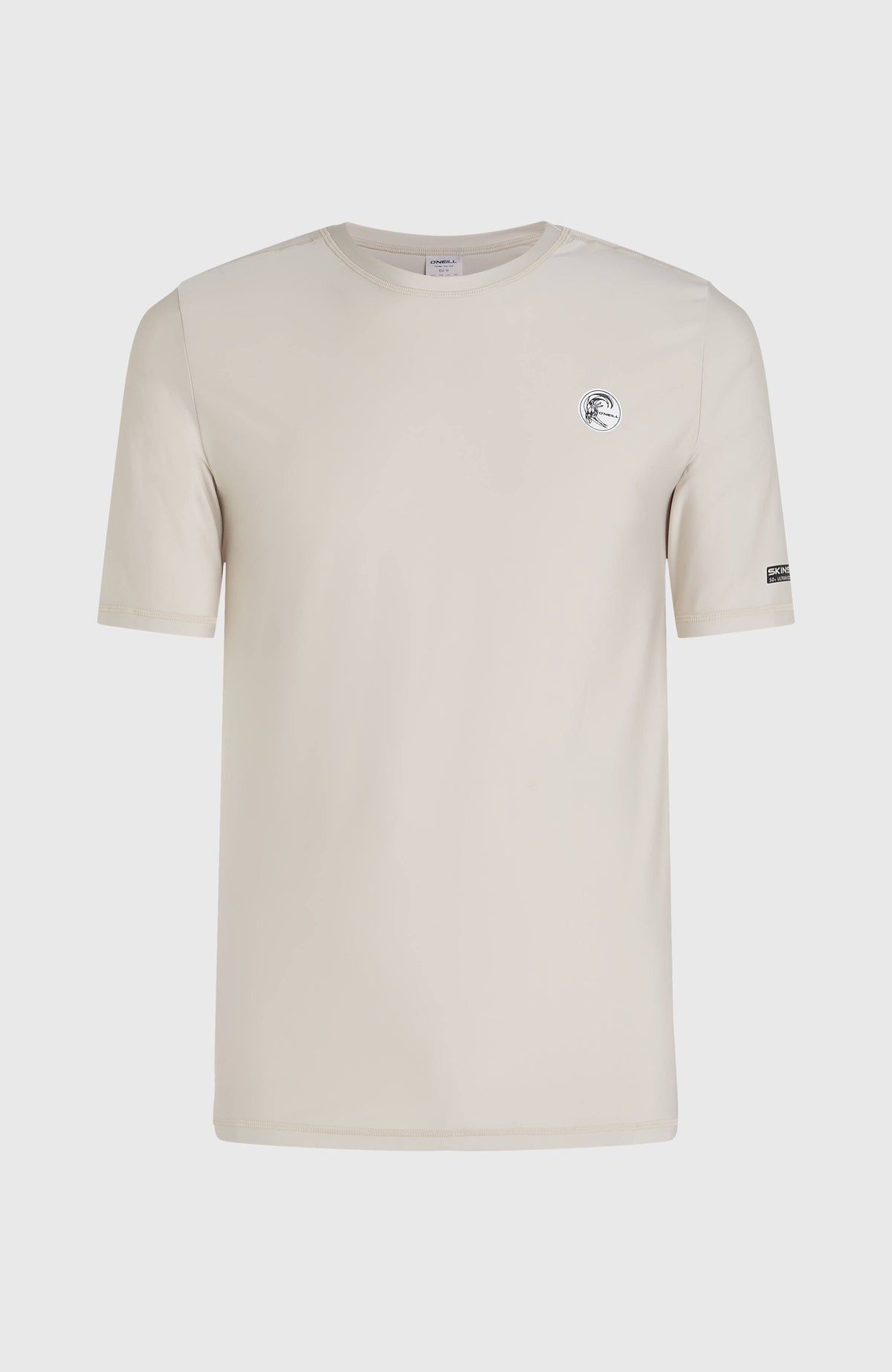 O'Riginals Shortsleeve-Schwimmshirt für Herren, beige mit Logo-Print in Schwarz und Weiß, freigestellt von vorne
