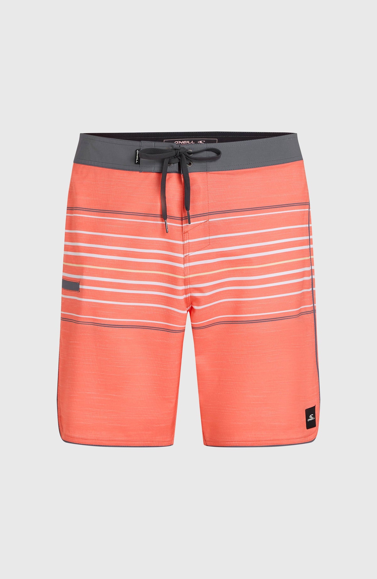 Hyperfreak Heat Boardshorts für Herren, orange mit Streifenmuster in Weiß, flach liegend von vorne mit Kordelzug