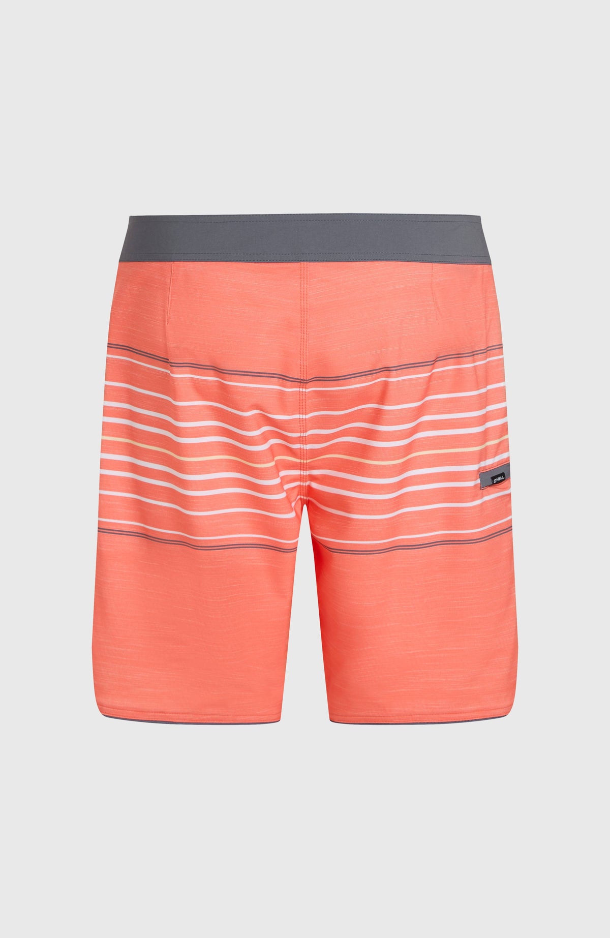 Hyperfreak Heat Boardshorts für Herren, orange mit Streifenmuster in Weiß, flach liegend von hinten mit Tasche