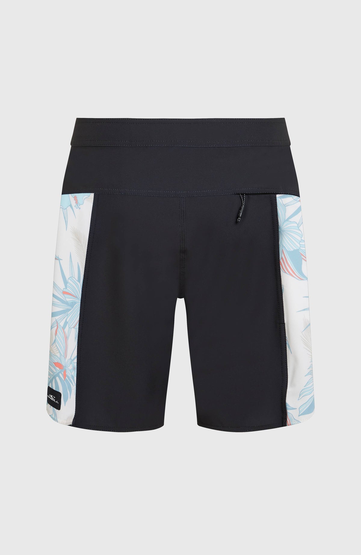 Hyperfreak Tech Panel 18'' Boardshorts, schwarz mit Blumenmuster in Hellblau, freigestellt von hinten mit Gesäßtasche