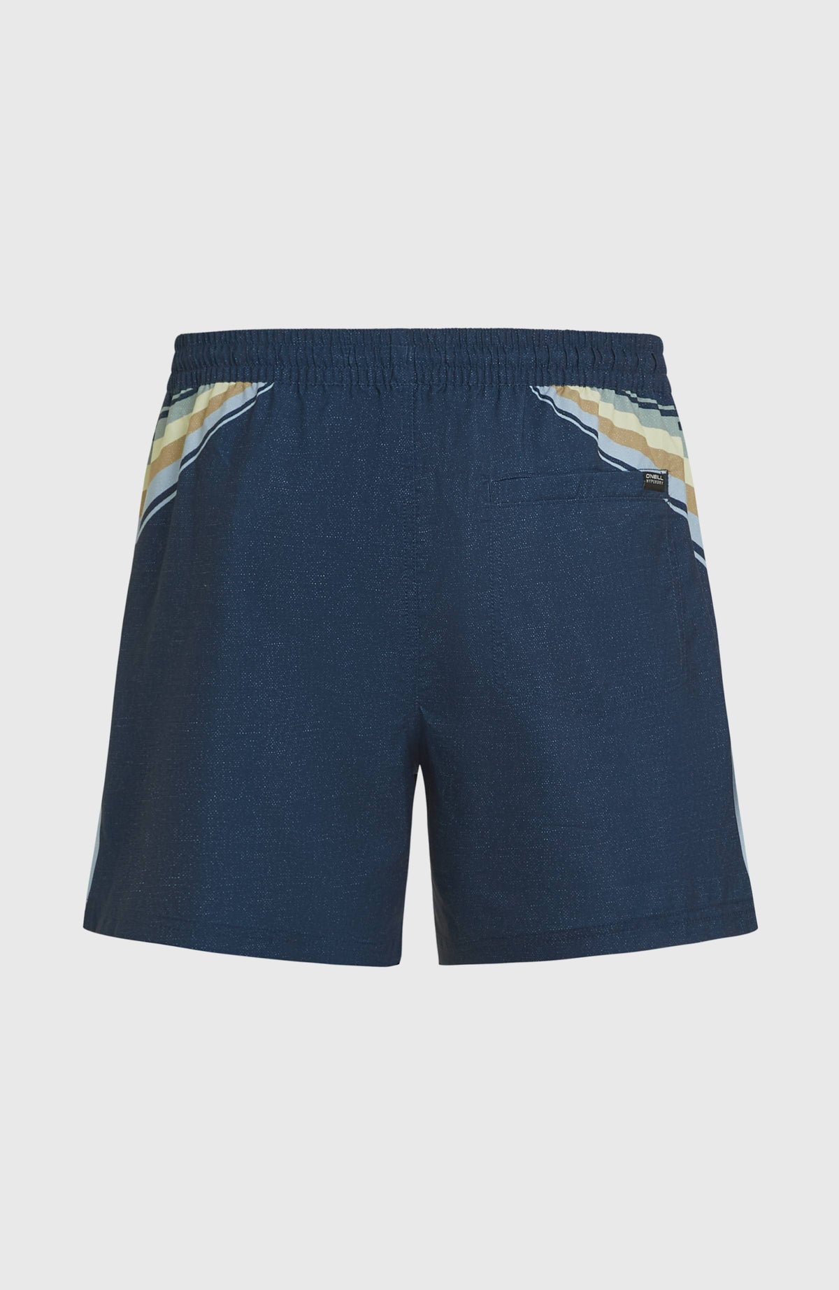 O'Riginals Longboard 15'' Badehose für Herren, blau mit Streifenmuster in Gelb und Grün, flach liegend von hinten