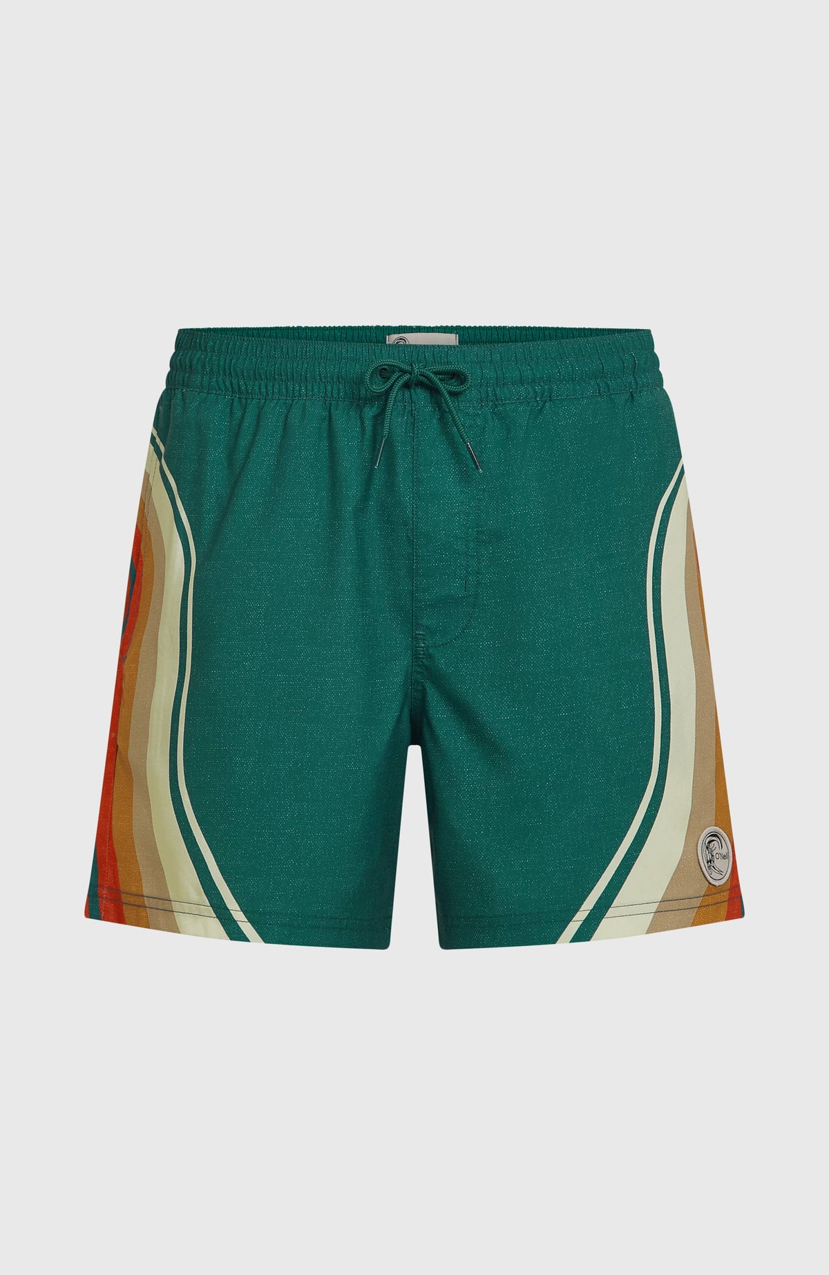 Grüne O'Riginals Longboard 15'' Badehose mit Streifenmuster in Beige und Orange, flach liegend von vorne, Kordelzug am Bund