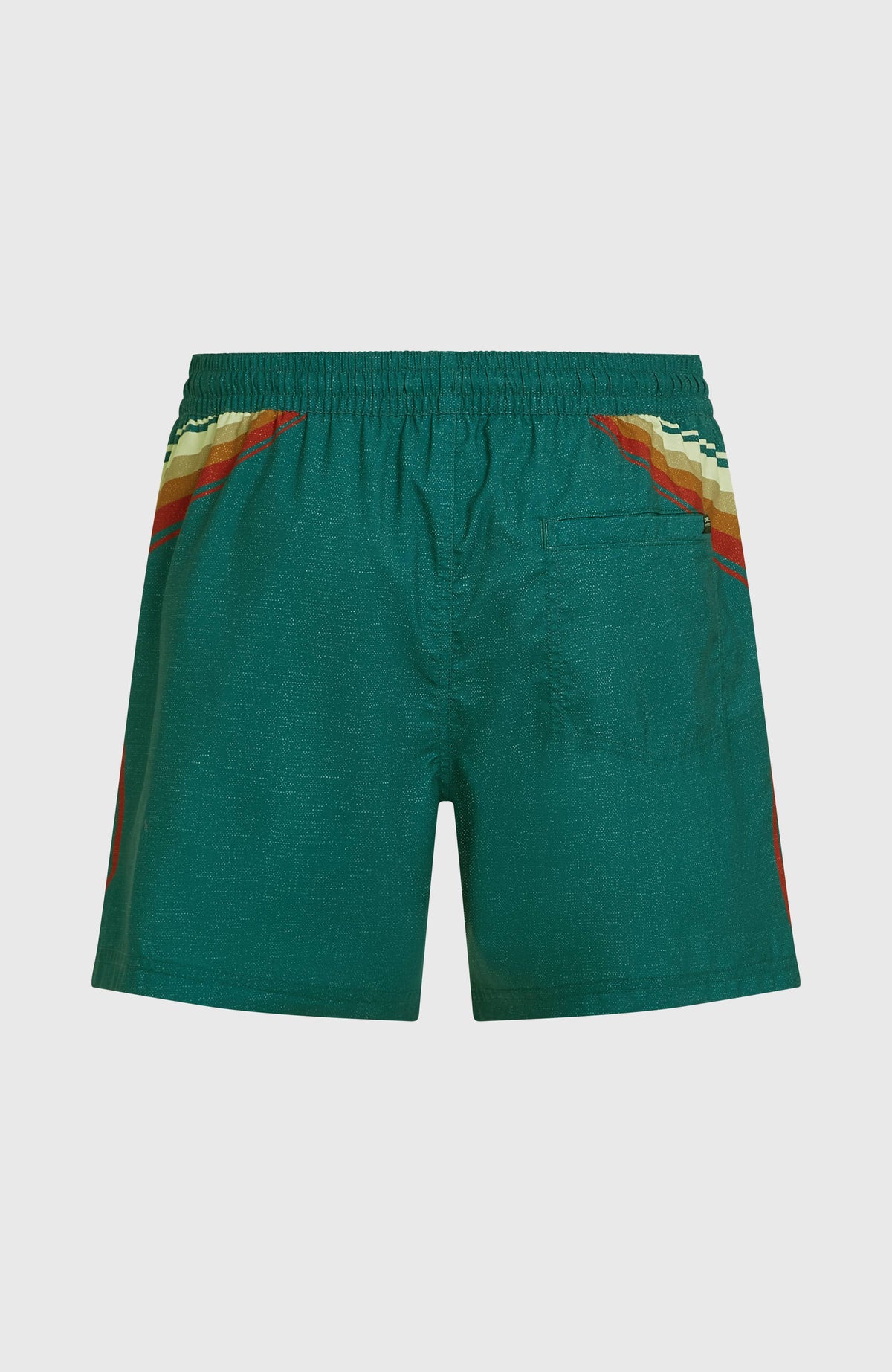 Grüne O'Riginals Longboard 15'' Badehose mit Streifenmuster in Beige und Orange, flach liegend von hinten, Tasche am Bund