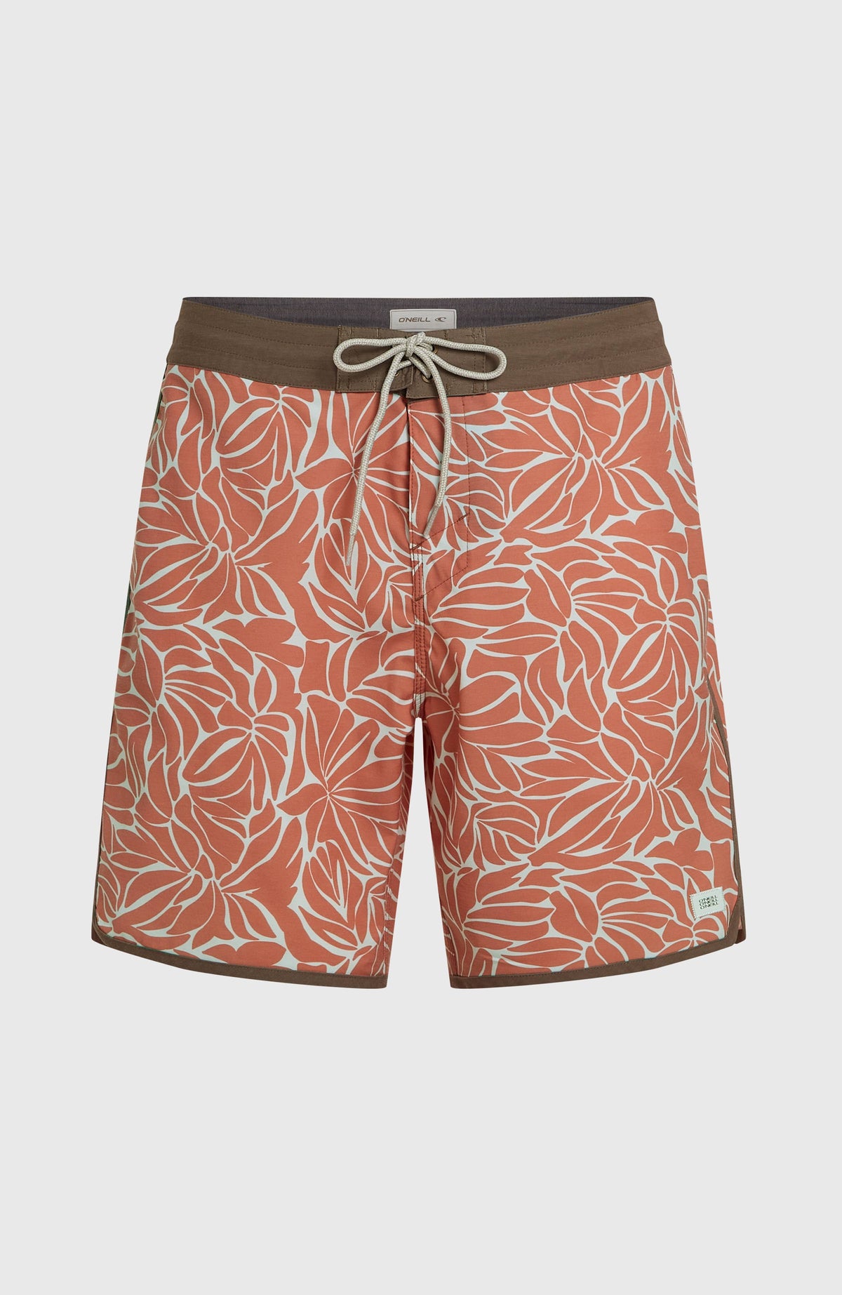 Cruzer Scallop 18'' Boardshorts für Herren, orange mit Blättermuster in Beige, flach liegend von vorne mit Kordelzug