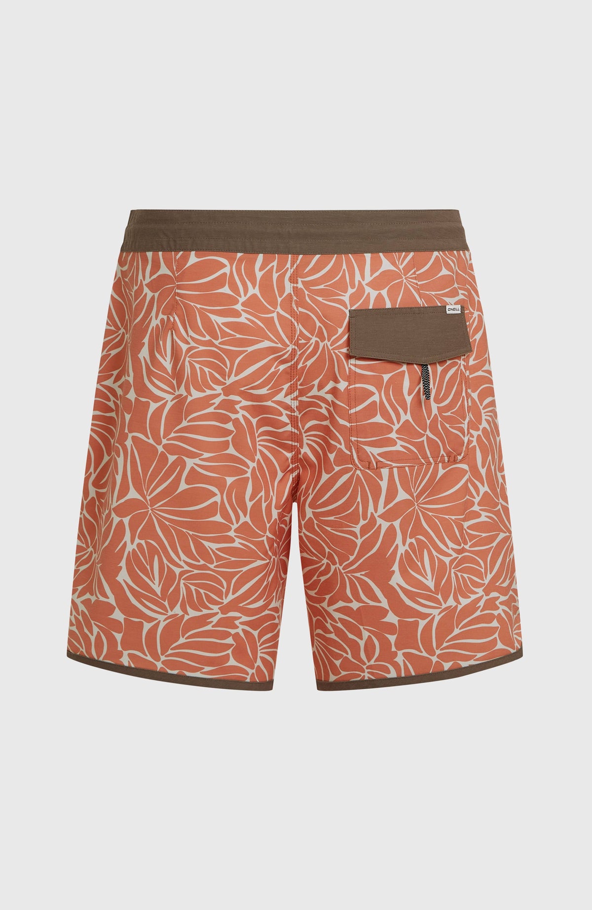 Cruzer Scallop 18'' Boardshorts, orange mit Blättermuster in Beige, flach liegend von hinten mit Gesäßtasche
