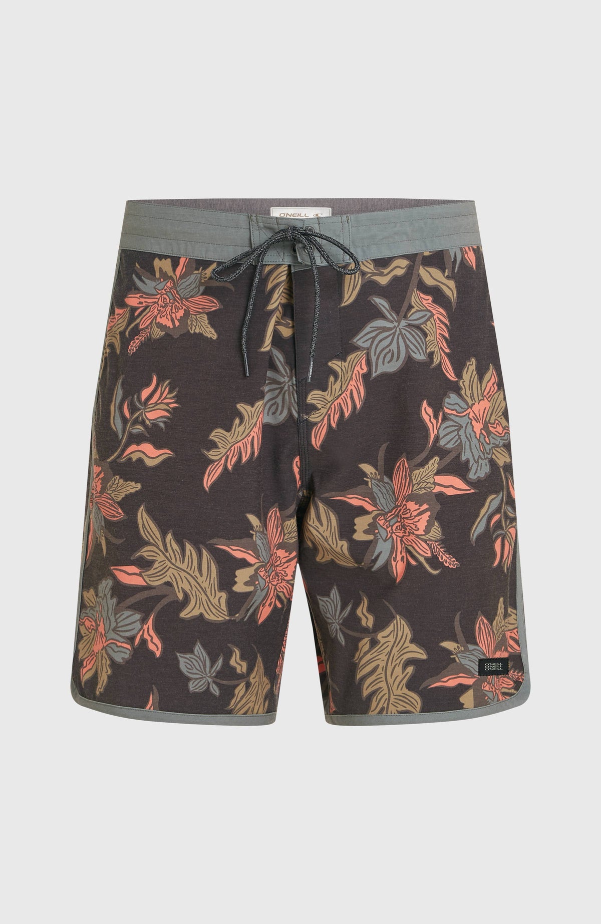 Cruzer Scallop 18'' Boardshorts, schwarz mit Blumenmuster in Rosa und Grün, freigestellt von vorne