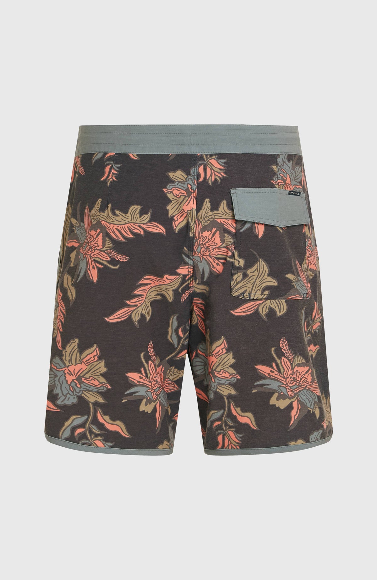 Cruzer Scallop 18'' Boardshorts, schwarz mit Blumenmuster in Rosa und Grün, freigestellt von hinten