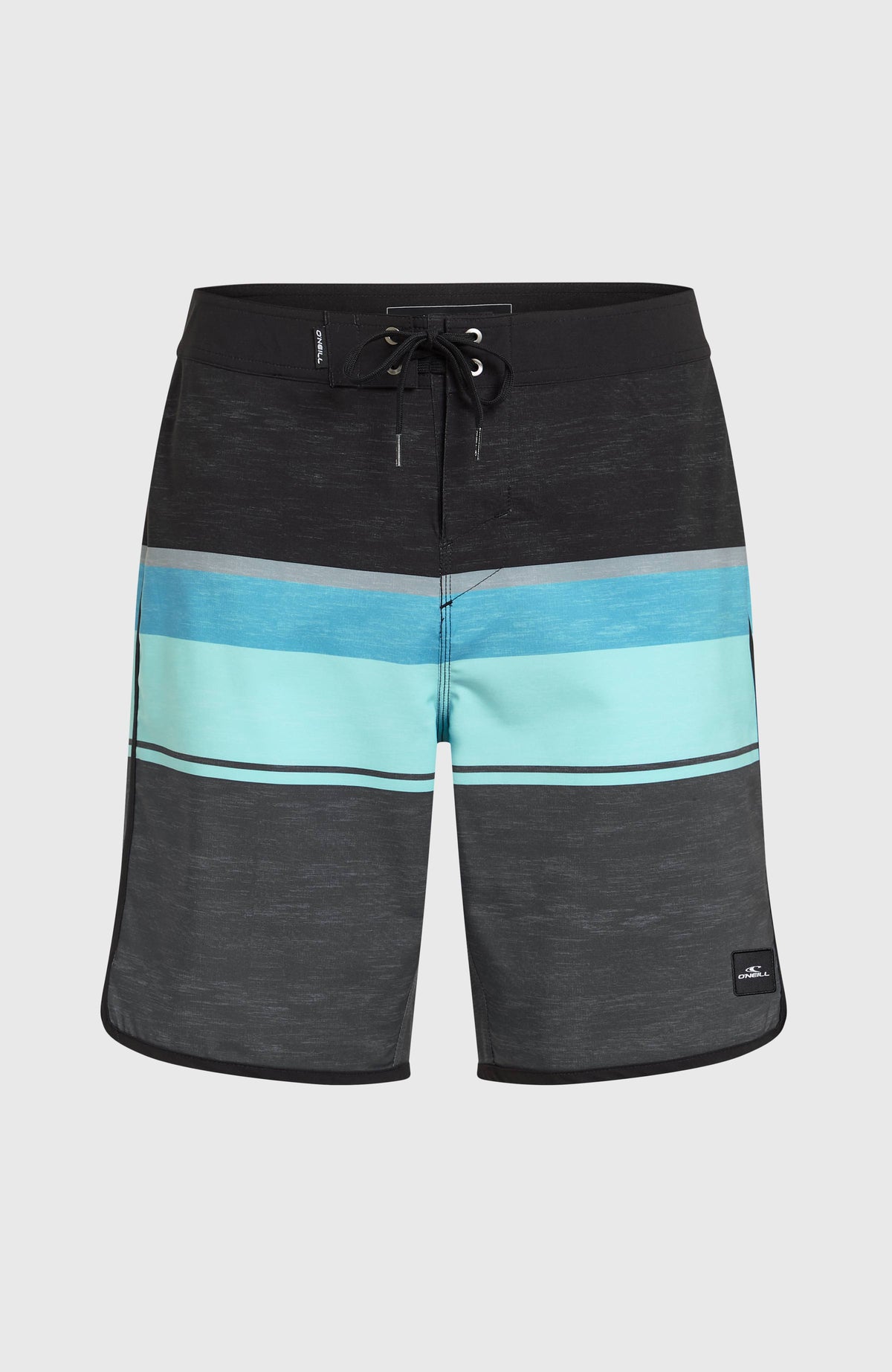 Lennox Scallop 19'' Boardshorts für Herren, grau mit Streifenmuster in Türkis und Blau, freigestellt von vorne